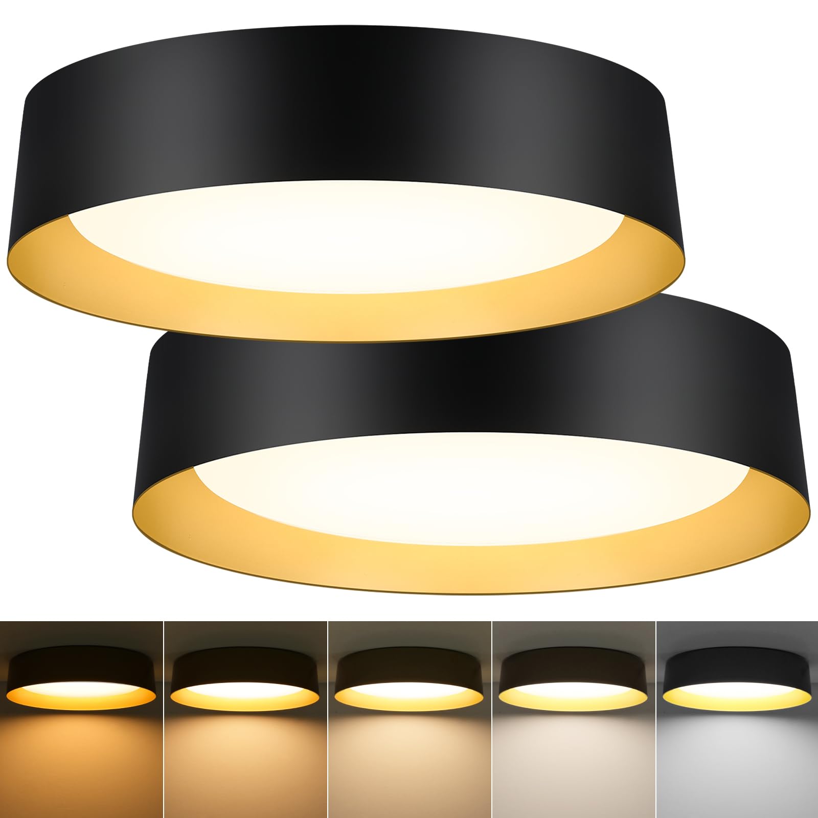 BrightHome LED Ceiling Light Fixture, 16in, 30W, Dimmable, 5CCT, Matte Black & Gold, Model BLCL08AC1630CCT, 2