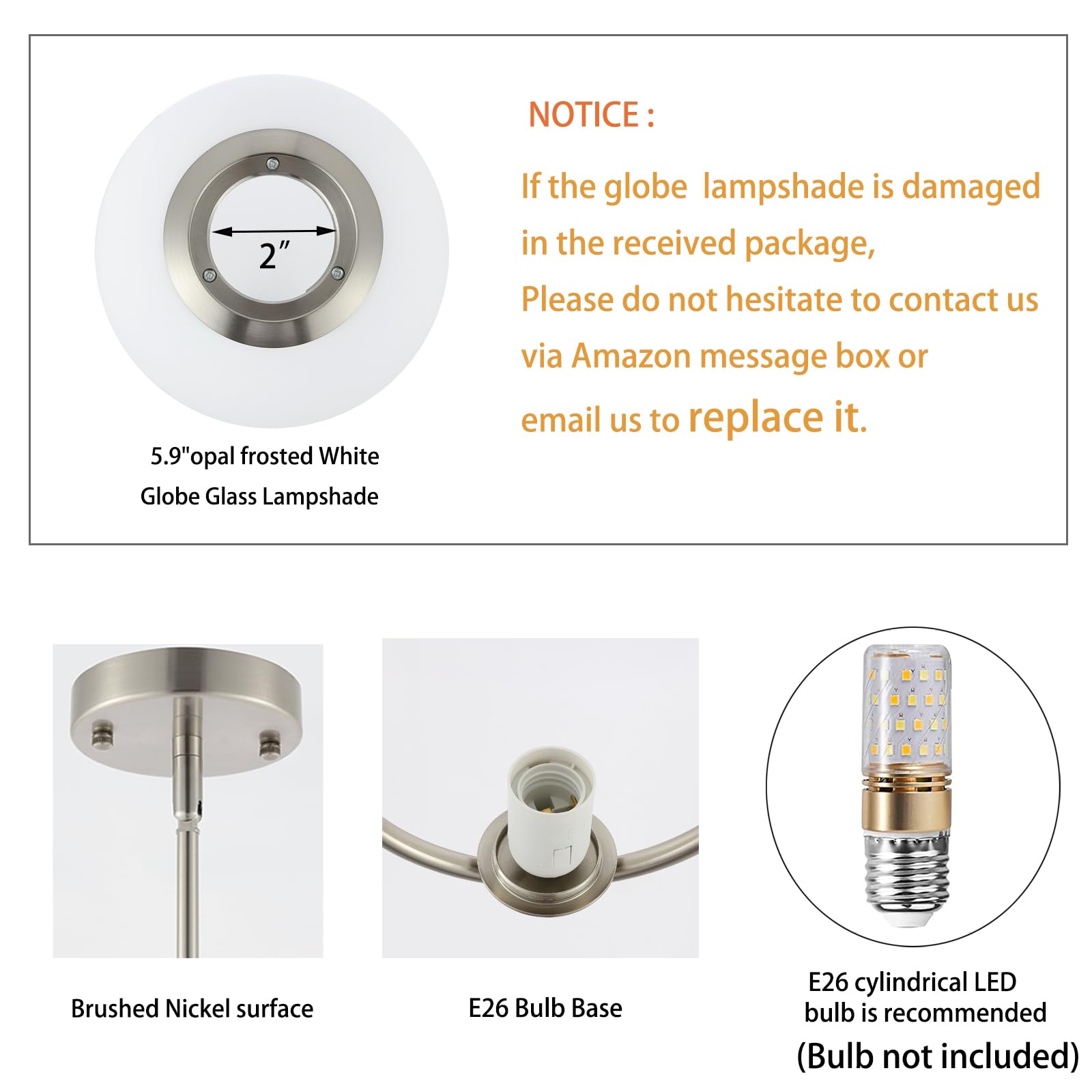 Byoliima Modern Globe Pendant Light 2-Lights Brushed Nickel Chandelier Mid Century Ceiling Hanging Lighting Fixture White Globe Glass Shades For Kitchen Island Dining Room Bedroom