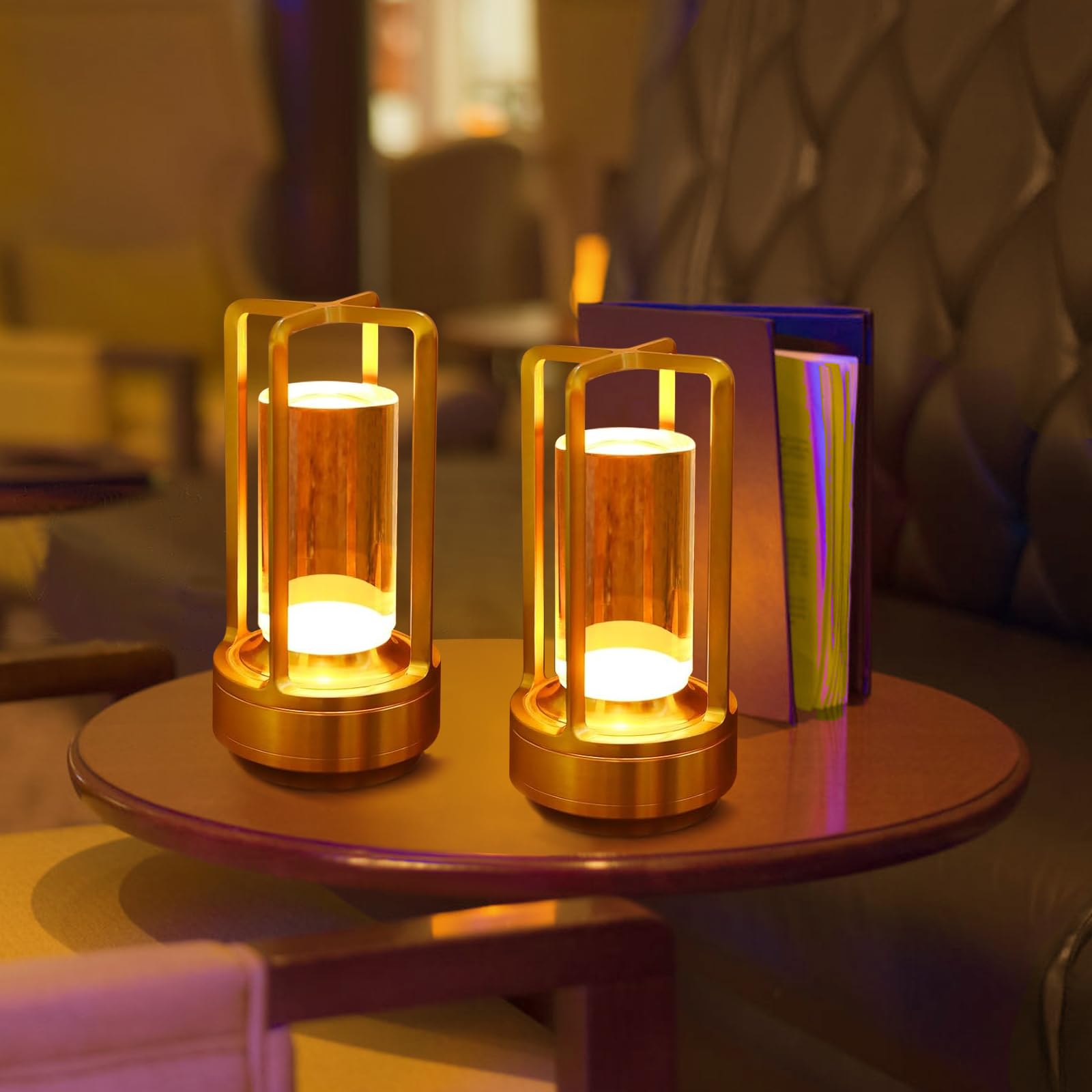 Kipliko Cordless Table Lamp Set of 2, Touch Sensor, Rechargeable LED, Acrylic, Gold, Model CLL-3C2P-001, Large