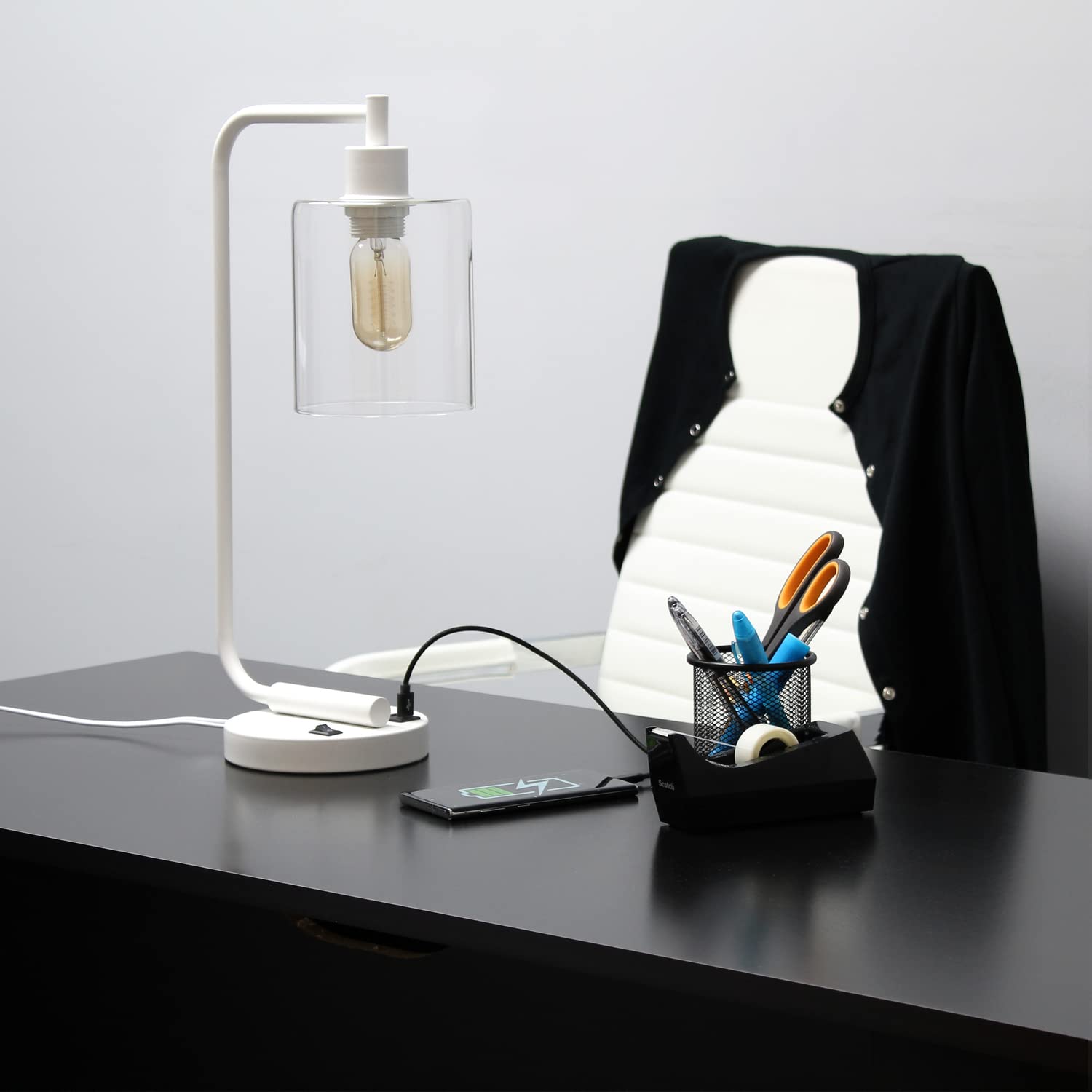 LALIA HOME Modern Iron Desk Lamp with USB Port, Glass Shade, 9.75inL x 5.75inW x 18.8inH, White, Model LHD-2002-W