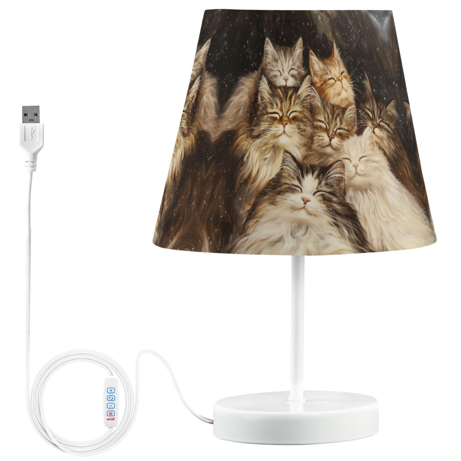Peystean USB 3-Color Dimmable LED Table Lamp, Lovely Sleeping Together Siberian Cats 12 High Linen Bedside Nightstand Light with
