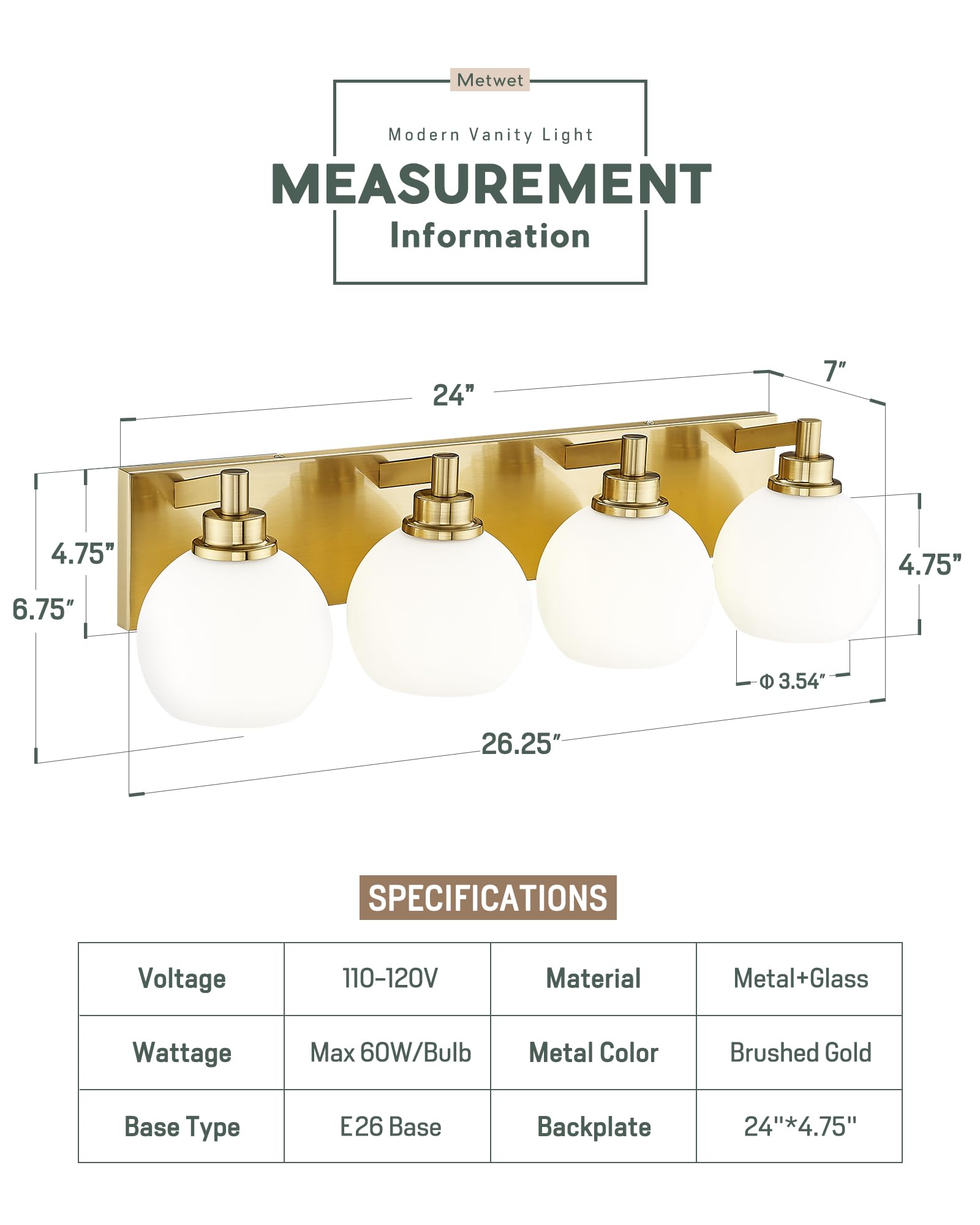 METWET 4-Light Brushed Gold Bathroom Vanity Light with Globe Milk Glass Shade, 26 Inch Modern Wall Sconce, Model VL195-BG-ML-4