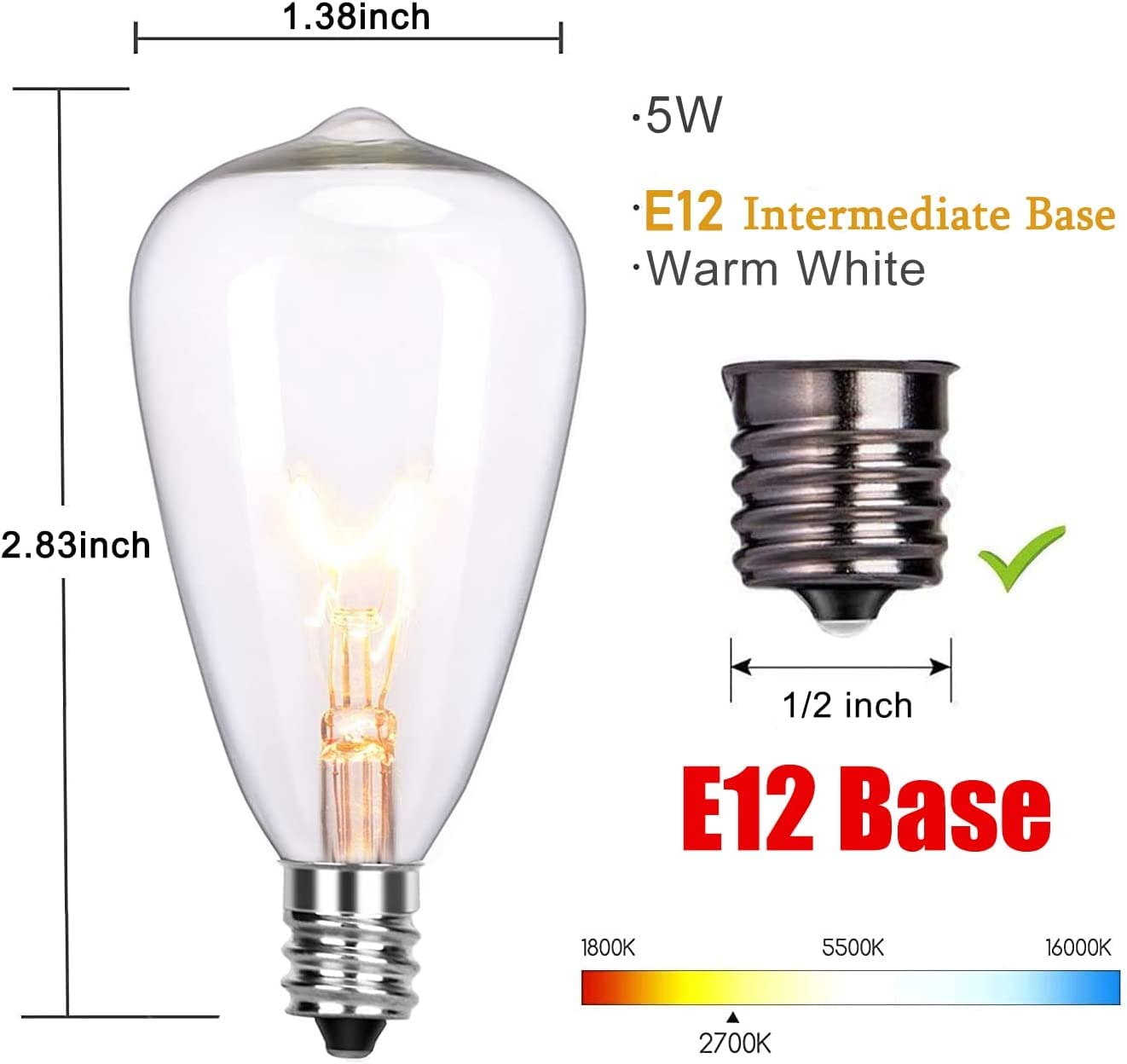 Abeja ST35 Clear Edison Light Bulbs - 25 Pack, 5W E12 Candelabra Base, Glass, Warm White