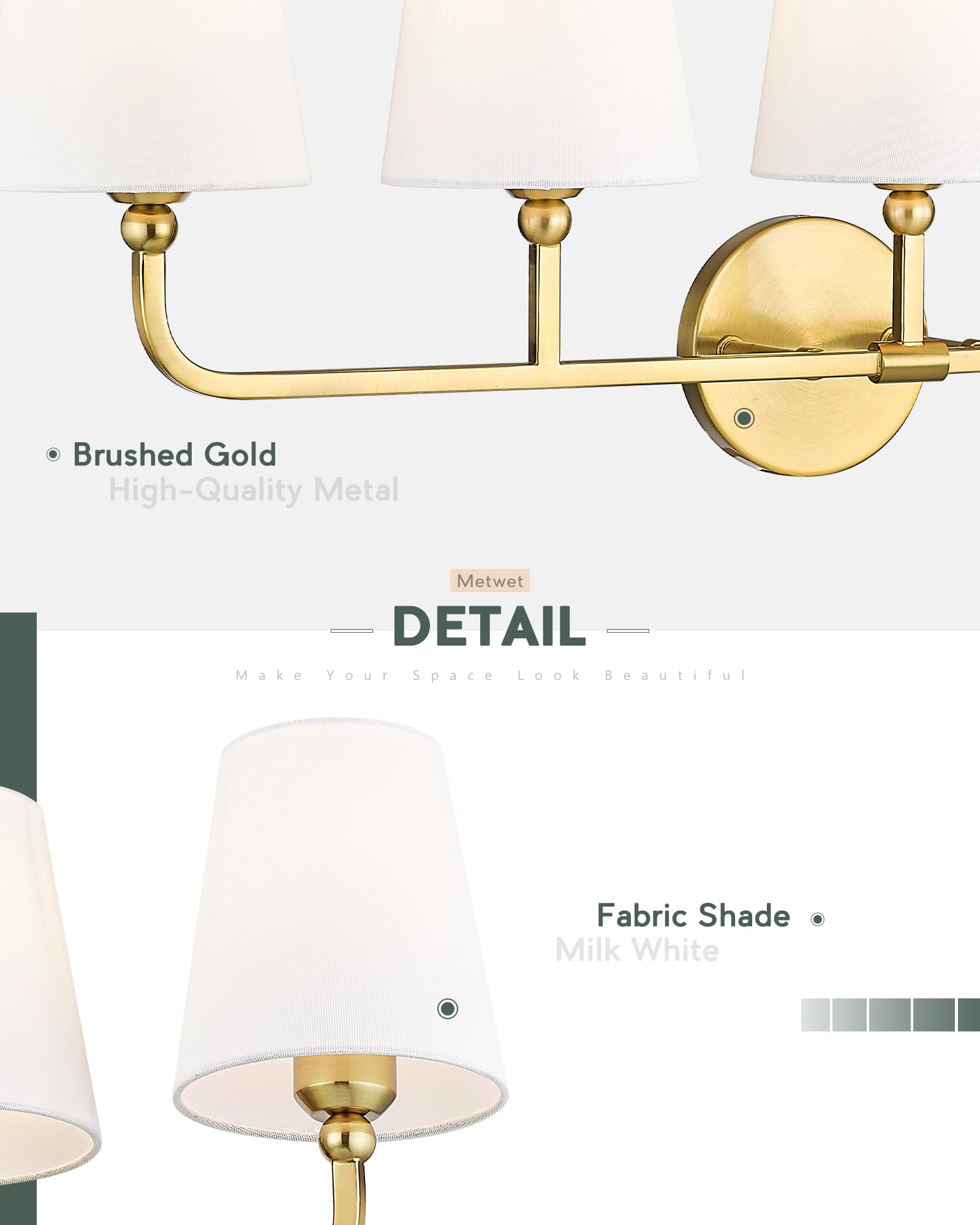 Metwet Bathroom Light Fixtures, 5 Light Brushed Gold Vanity Lights With Flared White Fabric Shade, 35 Inch Wall Sconce, Modern S