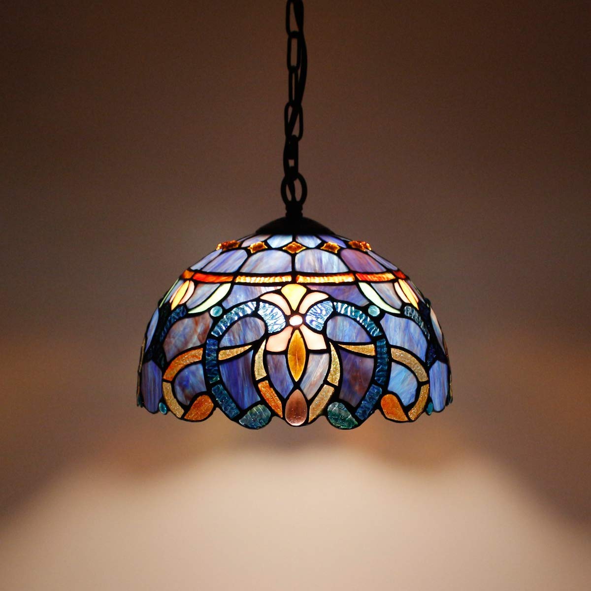 WERFACTORY Tiffany Pendant Light Fixture Stained Glass 12in Height 32in Wide Blue Purple Cloud S558 Series