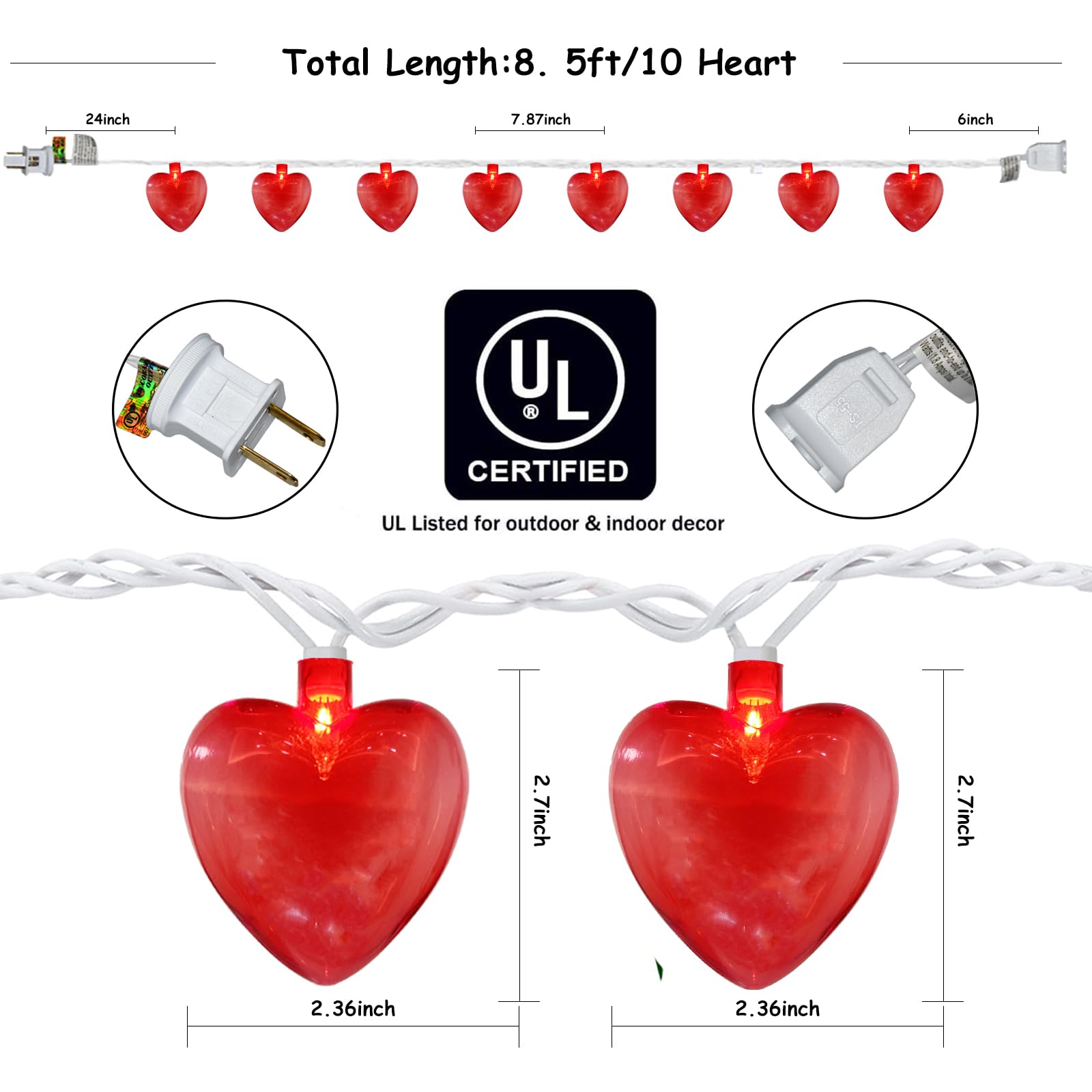 Oviejo 8.5Ft Red Heart String Lights, Valentine Party Decorations Lights With 10 Red Heart, Connectable Romantic Fairy Lights Fo