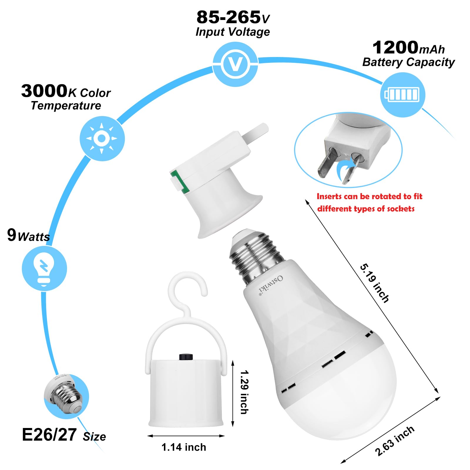 Ostwiki 9W Rechargeable LED Light Bulbs, 3000K Warm White, 6 Pack, Battery Backup for Power Outage & Camping - Model OST-100-9