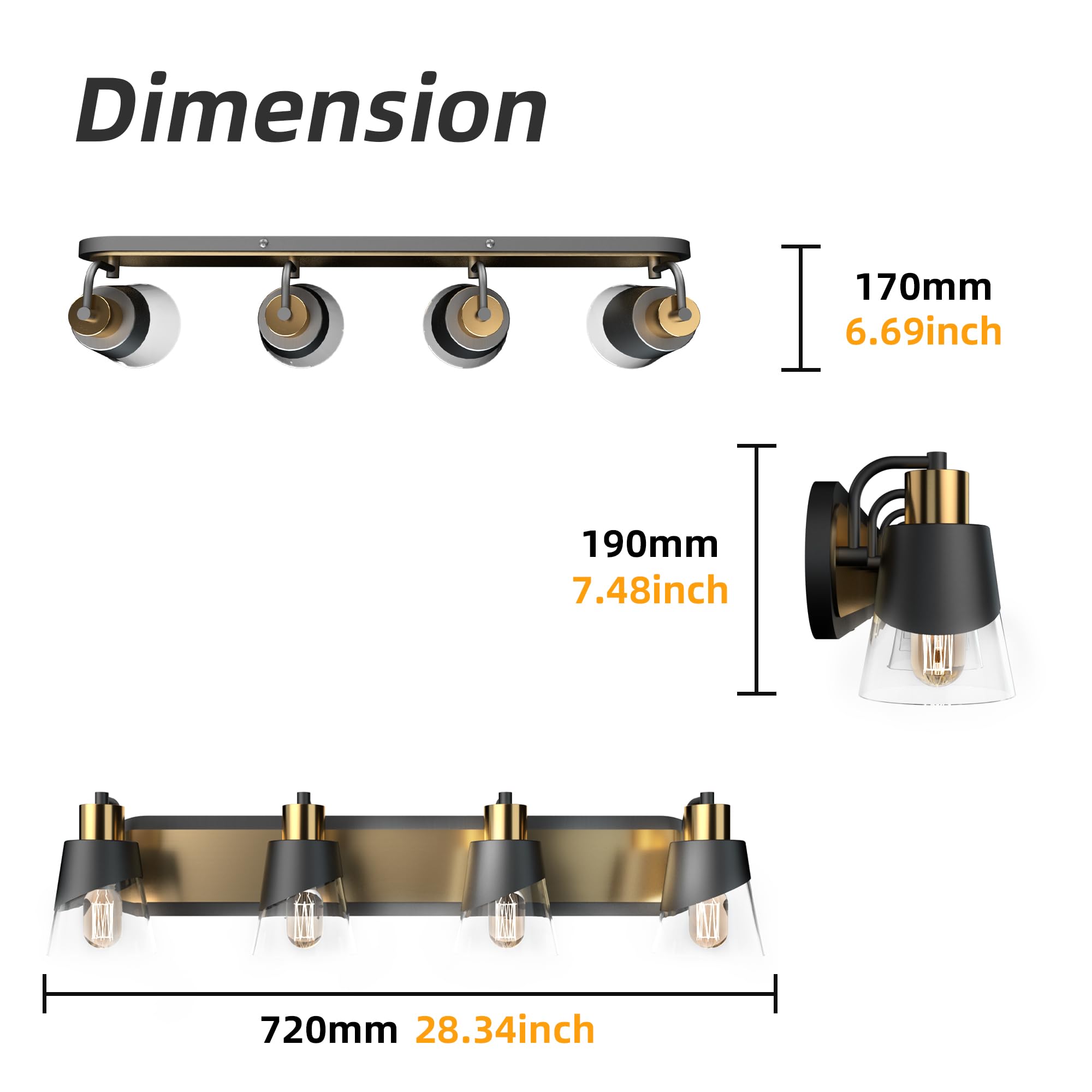 URSOLA Bathroom Vanity Light, 4 Lights, Black and Gold, 28.3 inch, Metal, Model 1691-4T-longbase, Bevelled Edge, Clear Glass Shade