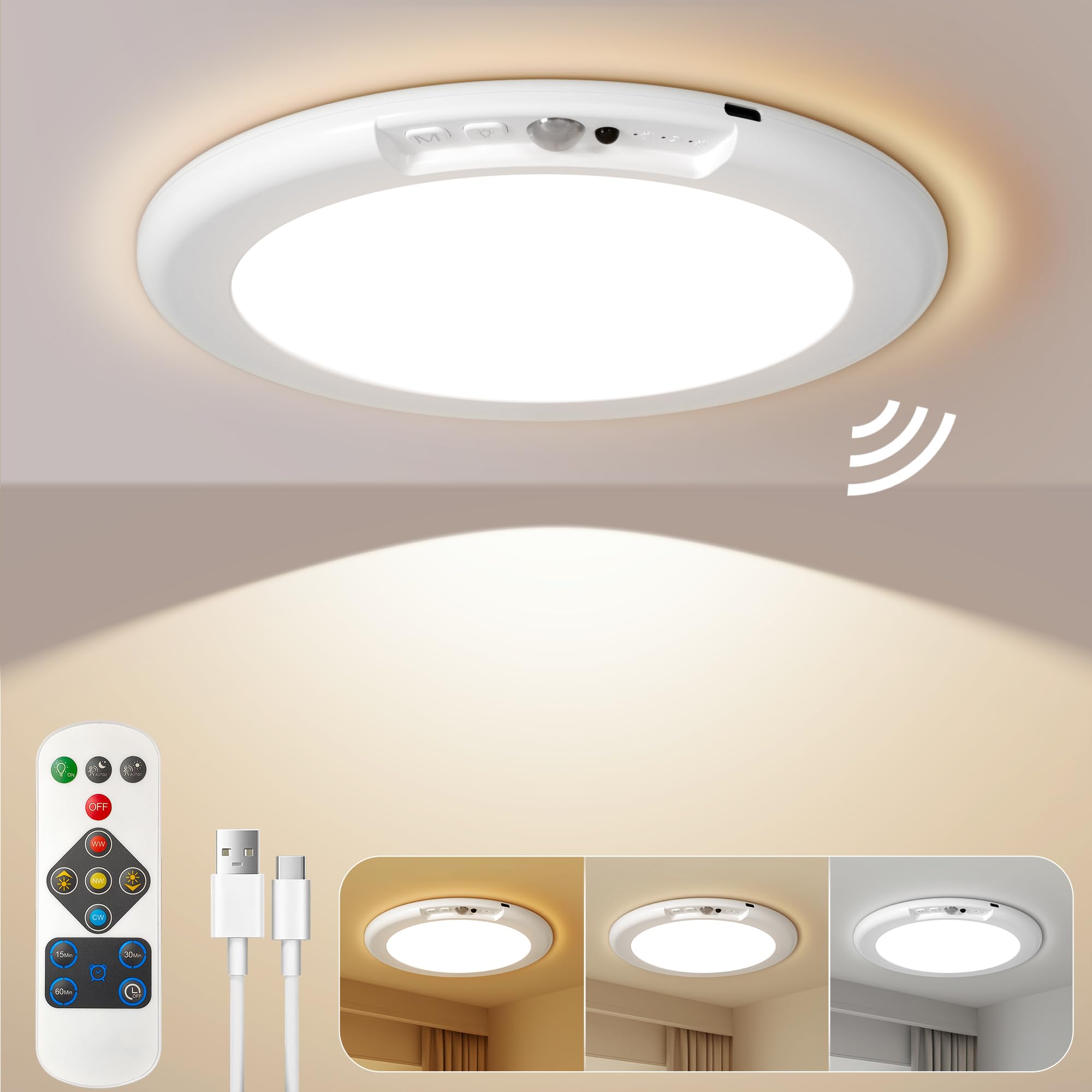 Rechargeable Ceiling Light, 7.5    Wireless Battery Operated Ceiling Light with Motion Sensor and Remote, Magnetic Dimmable Timm