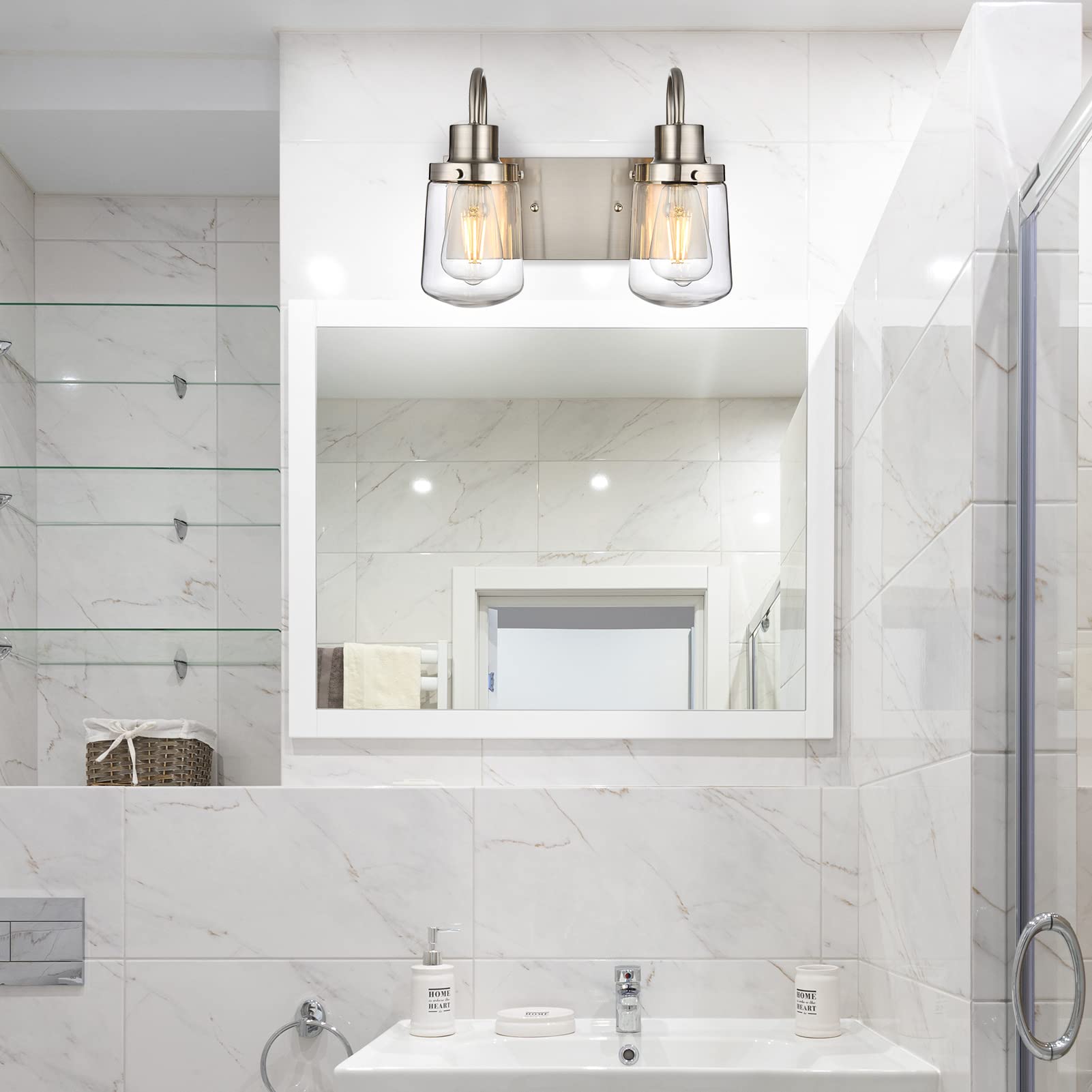 Yaohong 4-Light Modern Bathroom Vanity Light, Satin Nickel Farmhouse Fixture With Glass Shades