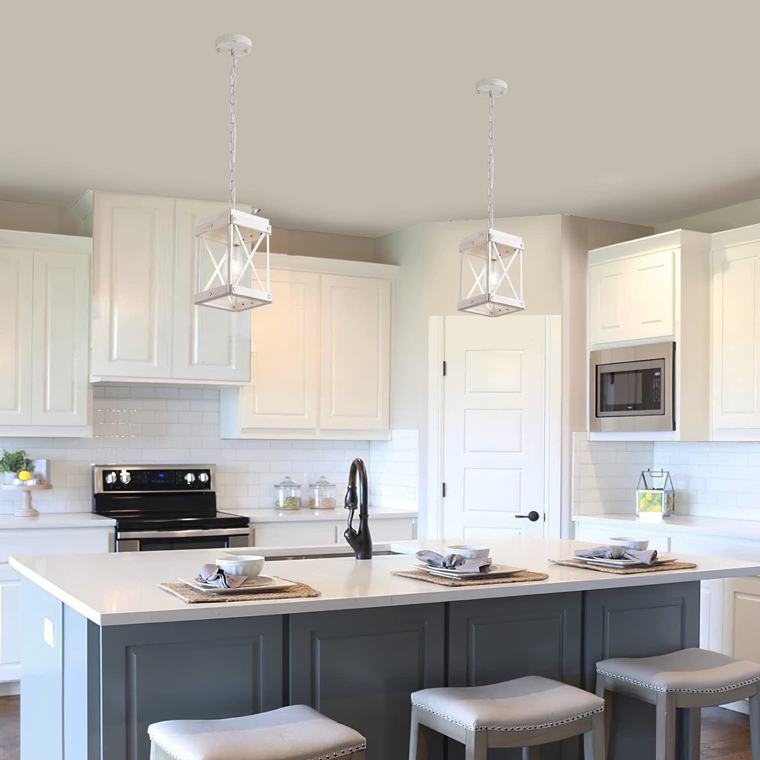 Fivess Lighting Mini Pendant Light, Distressed Wood & Metal Cage, One-Light Adjustable Chains, Model 6974443060324