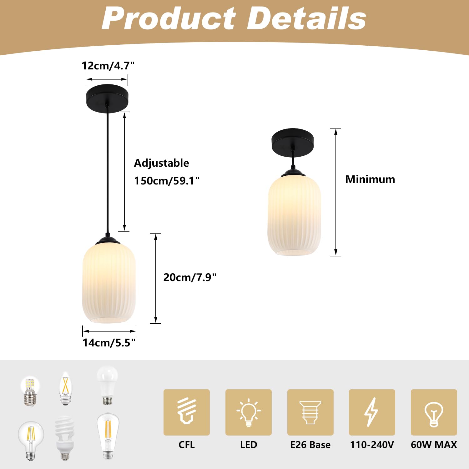 Kco Lighting Small Striped Glass Pendant Light Mini Matte Black Pendant Light Fixture 1-Light Milk Glass Pendant Light Modern Fa