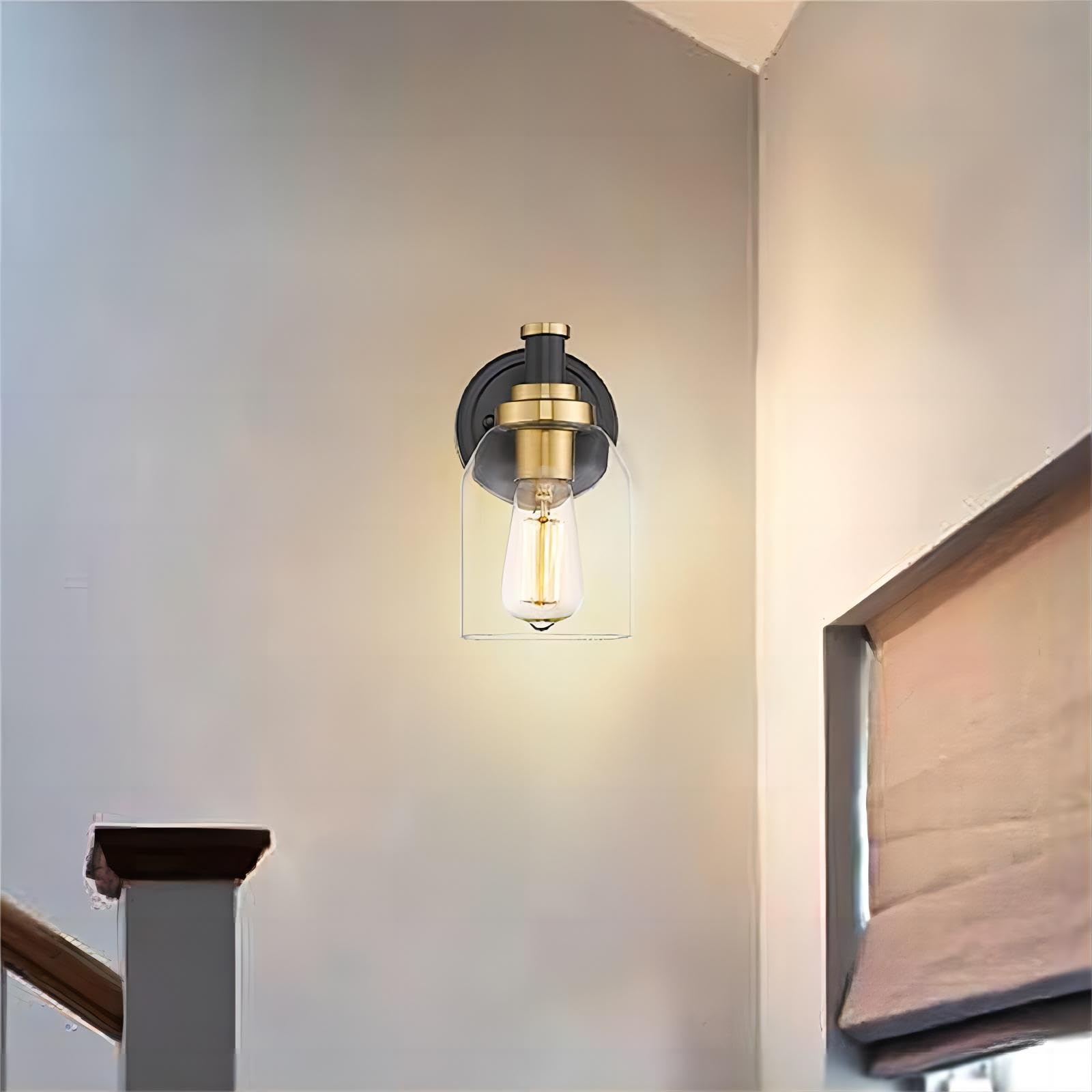 Zeyu 2 Pack Modern Vanity Wall Sconces, Indoor Wall Lights For Bathroom Hallway Bedroom With Clear Glass Shade, Black And Gold F