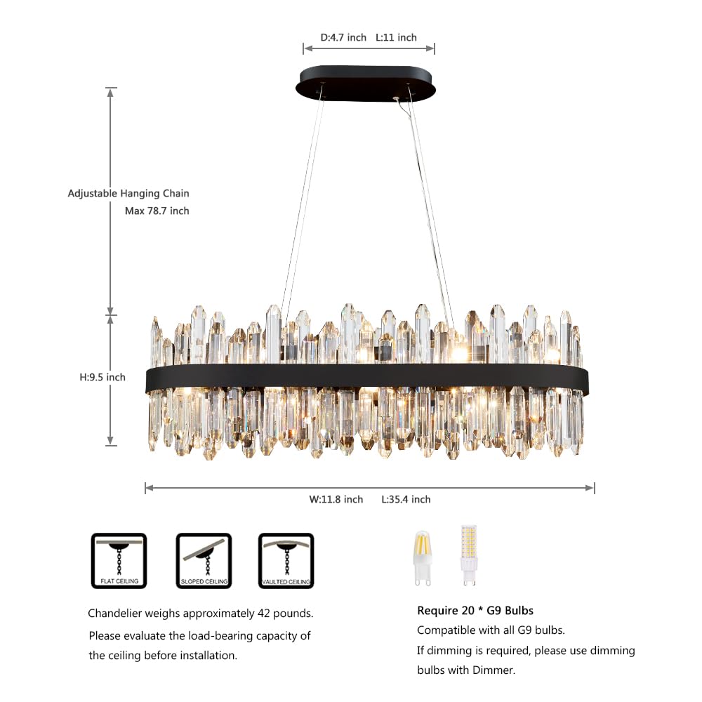 Lizztree Black Oval Crystal Chandelier L35.4 Inch, 20-Lights Chandeliers Modern Crystal Chandelier Pendant Light Fixture G9 Ligh