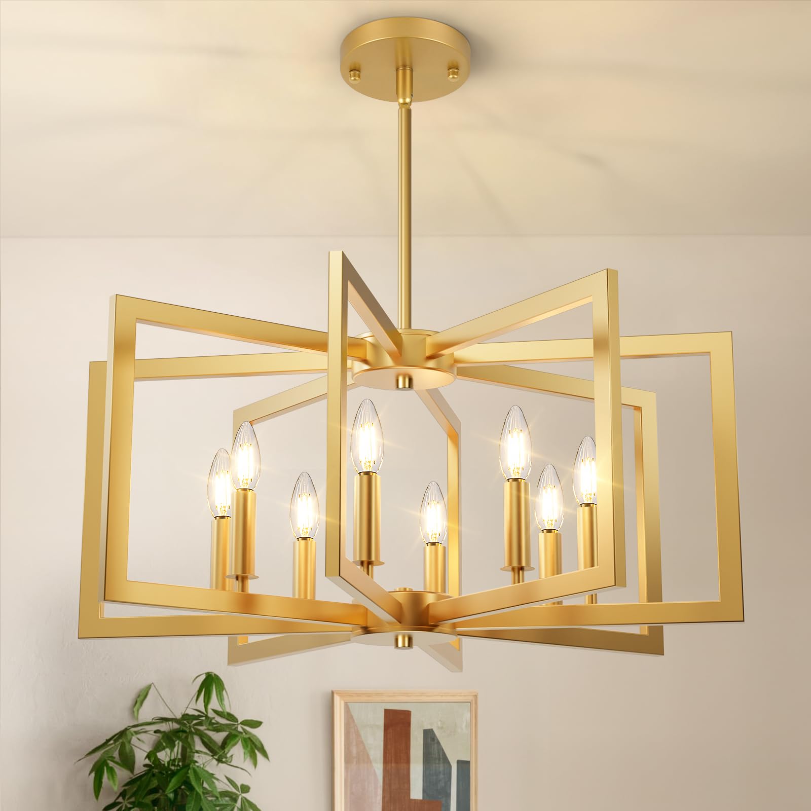 Bairth 8-Light Gold Chandelier, Farmhouse Dining Room Light Fixture, Modern Chandelier, Geometric Industrial Metal Hang Lighting