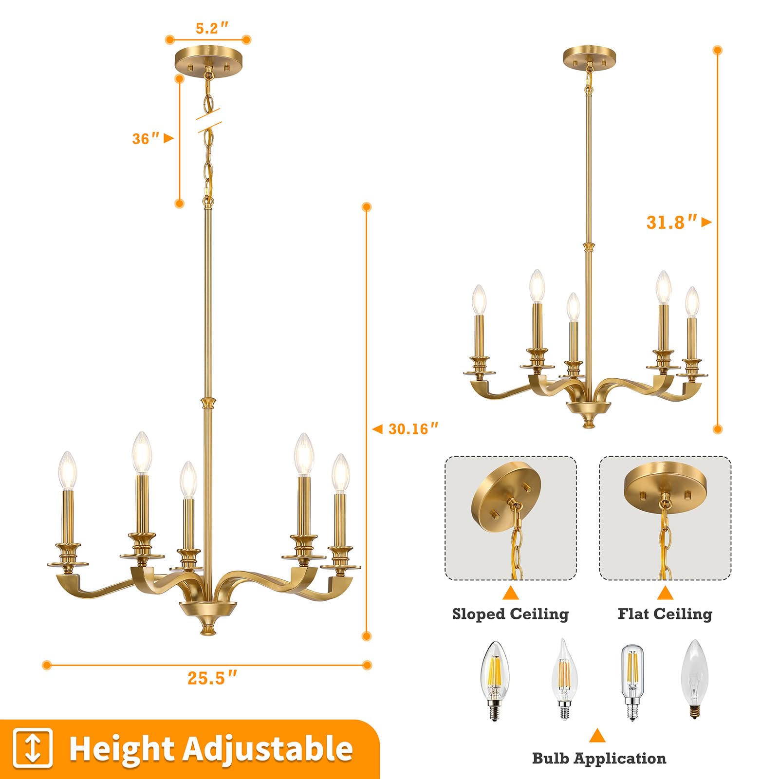 Gold Chandeliers For Dining Room, 25.5 Inch Vintage Gold Chandelier Light Fixture Over Table, Farmhouse Candle Chandeliers, 5-Li