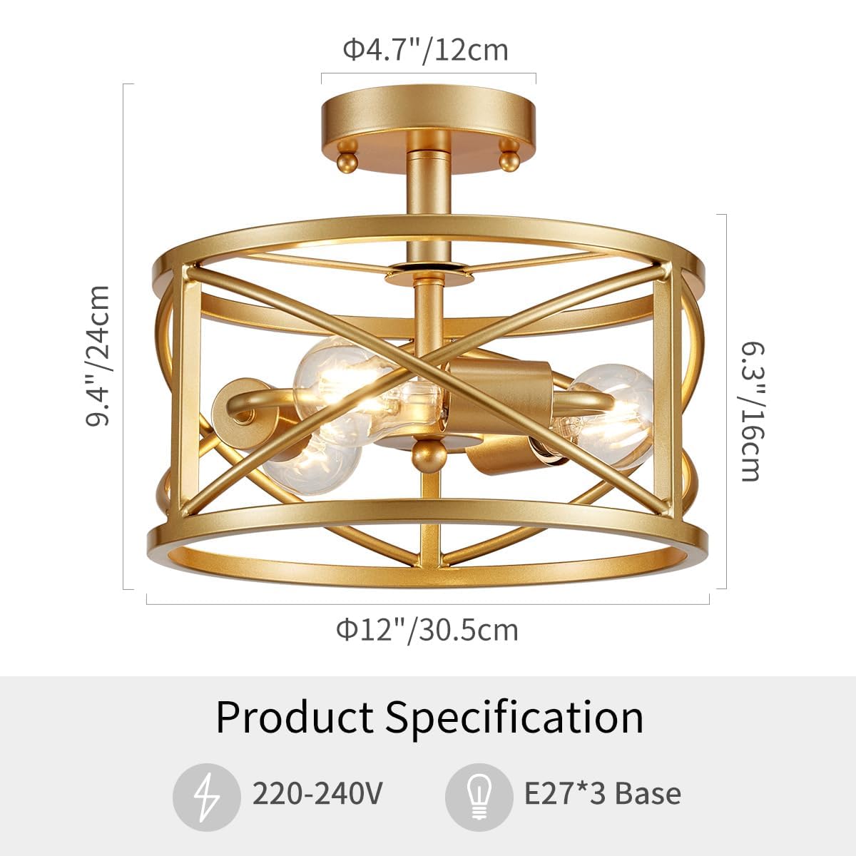 Wuzups Chandelier 3-Light Vintage Farmhouse Industrial Semi-Flush Mount Ceiling Light Modern Lighting Fixture For Foyer Bedroom