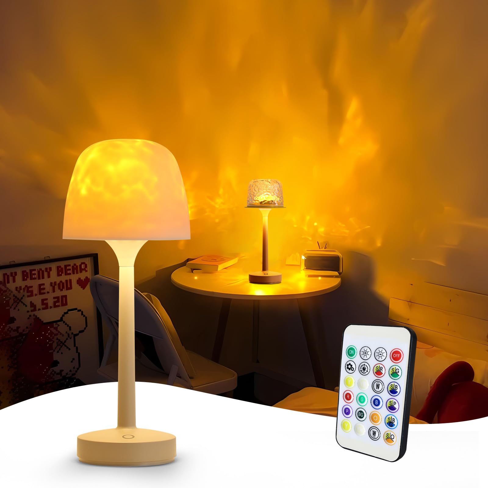 RGB Ocean Wave Projector Table Lamp, USB Rechargeable Cordless Night Light with Remote Control, Dimmable Touch Desk Lamp for Bed