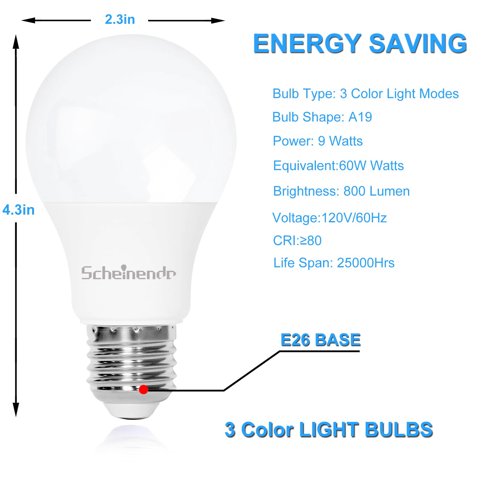 Scheinenda A19 LED Light Bulbs, 9W (60W Equivalent), 800 Lumen, 3-Color (Warm White/Daylight/Natural White), 6 Pack,