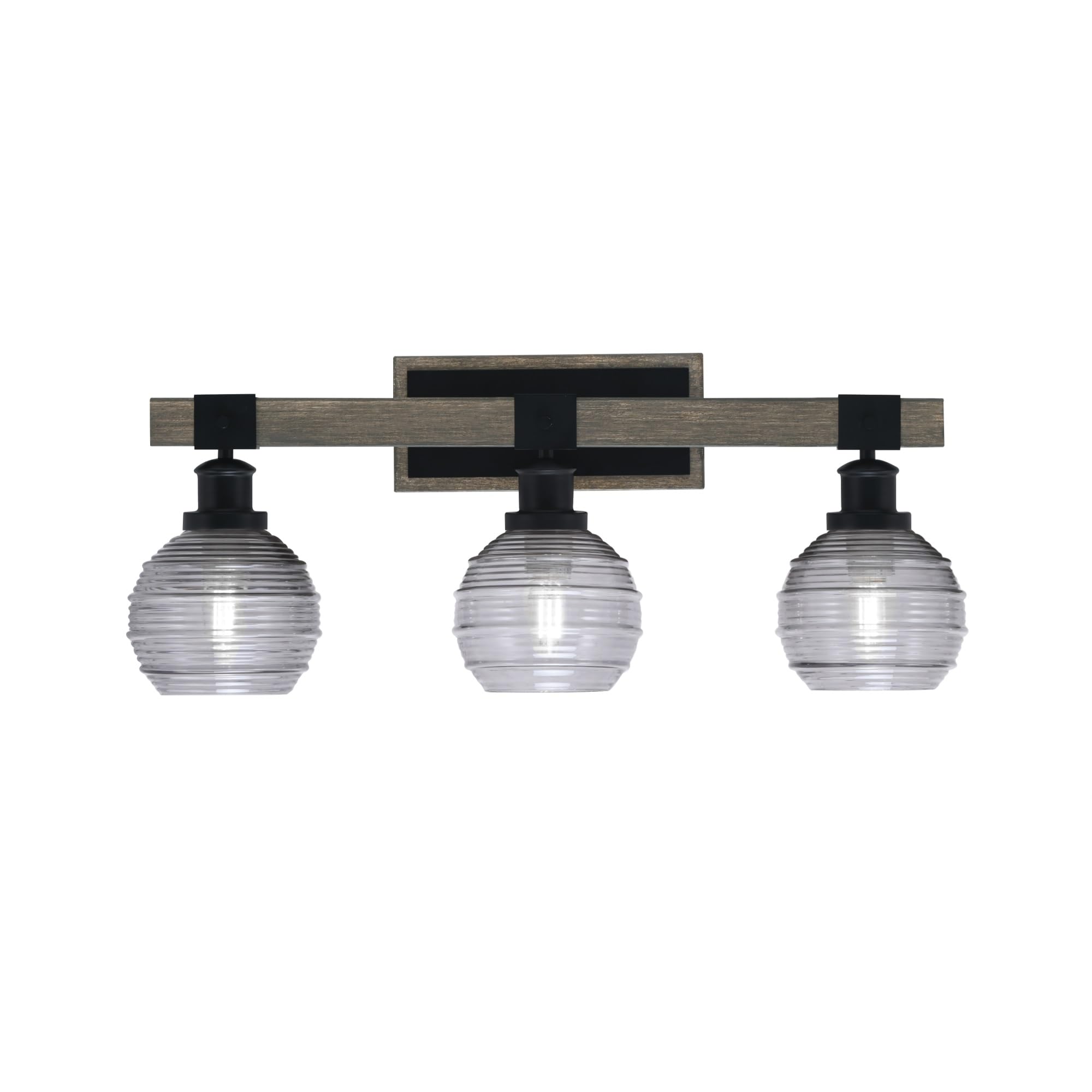 Toltec Lighting Tacoma 3 Light Bath Bar, Matte Black & Distressed Wood Finish, 6in Smoke Ribbed Glass