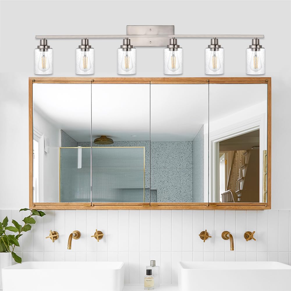 Winshen 6-Lights Bathroom Vanity Light Fixtures With Seeded Glass Lampshades, 45.3-Inches Length Modern Brushed Nickel Wall Ligh