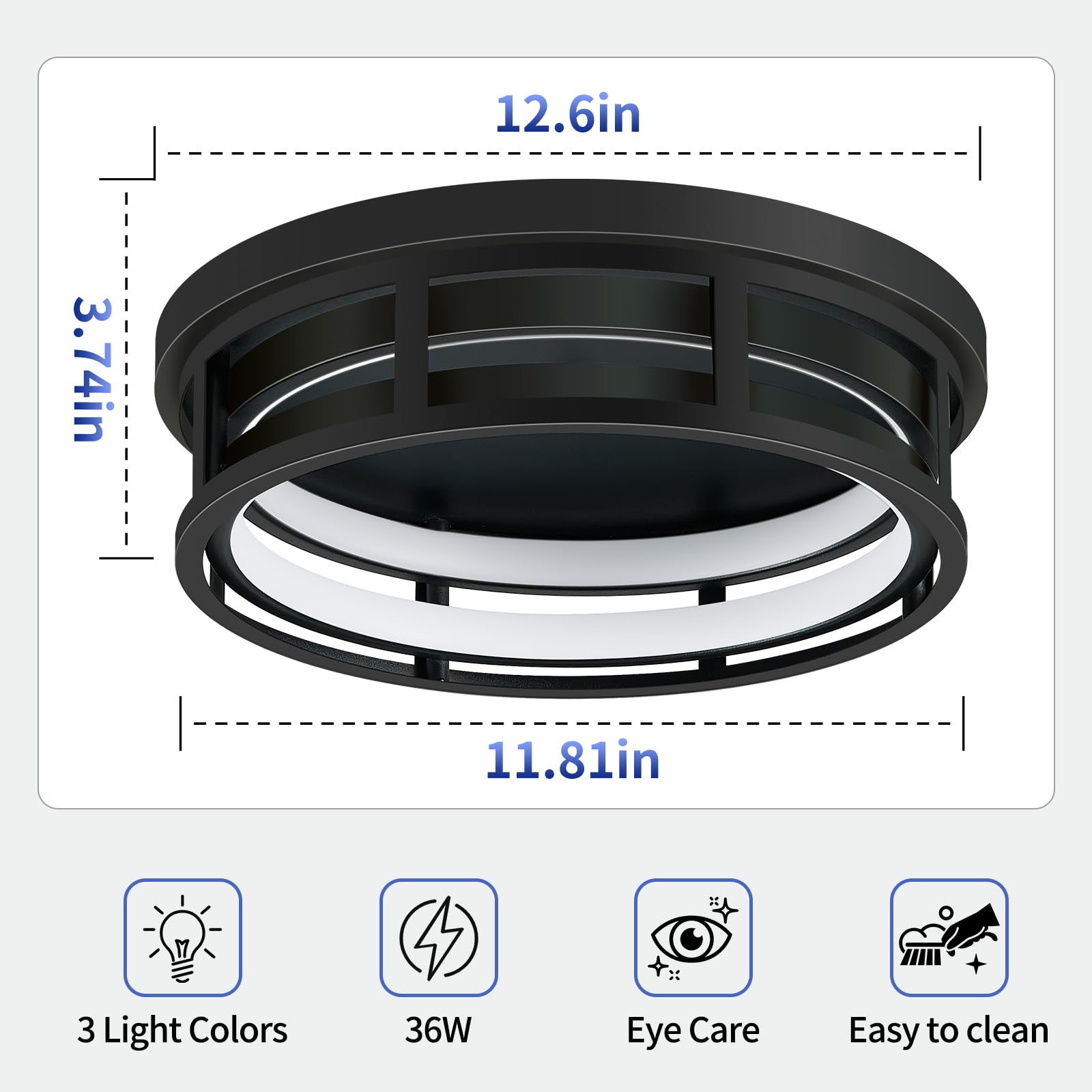 ZHU YAN LED Flush Mount Ceiling Light, 3 Color Selectable, Aluminum, 13in, Black, Model D0908, 1 Pack