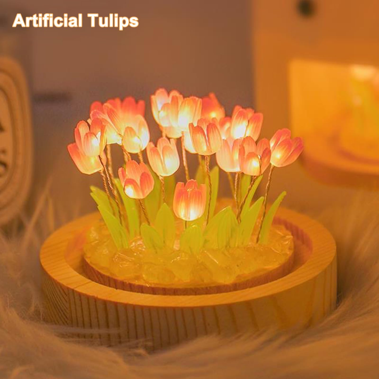 GUIGUZHJ Tulip Night Light - Pink Battery-Powered Flower Lamp with Glass Shade & Wooden Base - Ideal Gift for Women