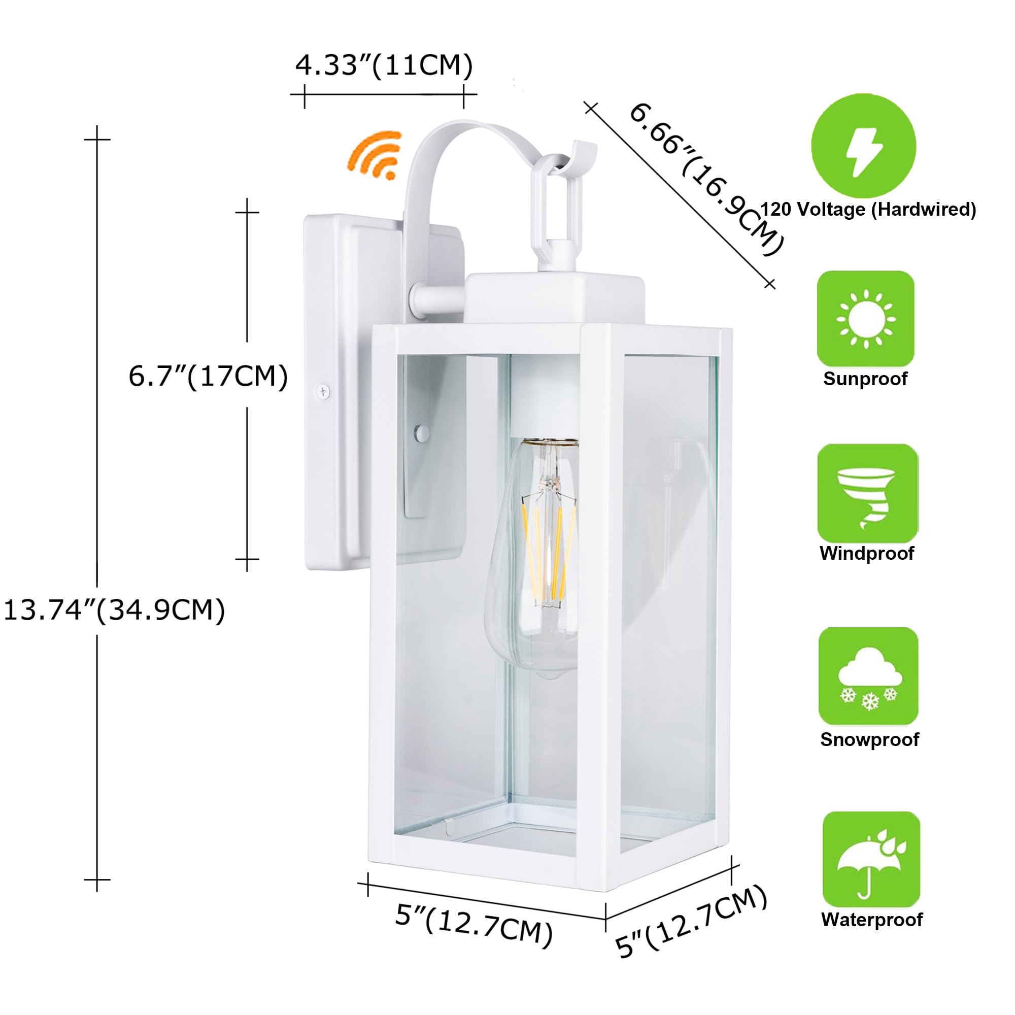 Gruenlich Dusk to Dawn Outdoor Wall Lantern, LED Sconce, Metal Housing, White Finish, E26 Base, Model GR-WL004D2D-WT