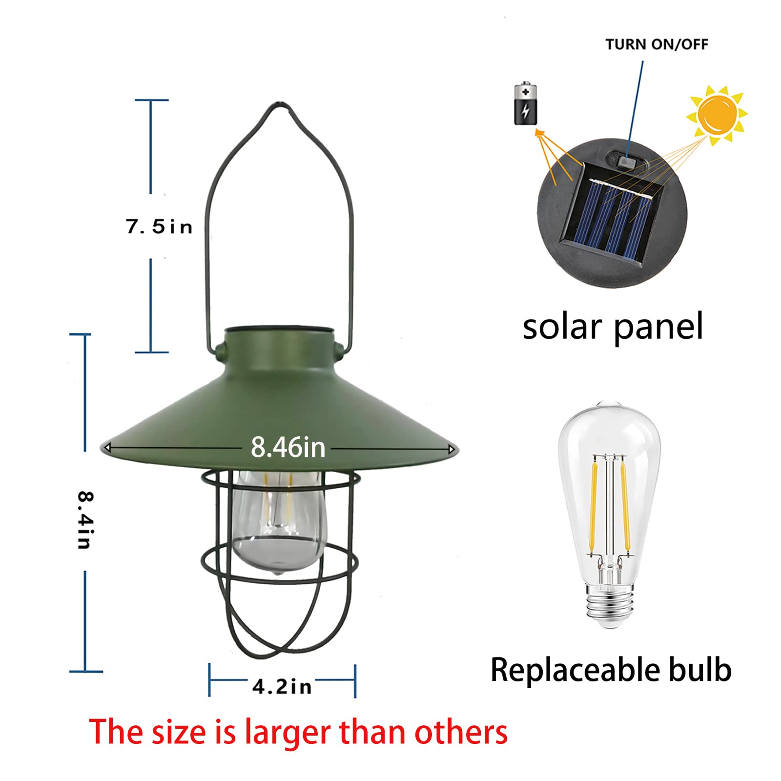 pearlstar Solar Lantern Outdoor Hanging Light, Metal, Green, Warm White Edison Bulb, Model HIA049 for Garden Patio Decor