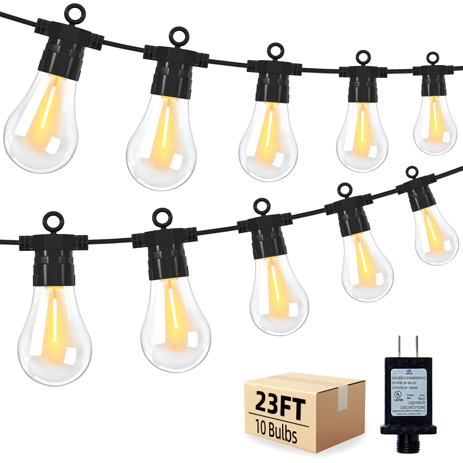 BYIZO LED Outdoor String Lights with 10 Shatterproof Edison Bulbs, 23FT Commercial Grade Patio Lights, Replaceable Wick Outside 