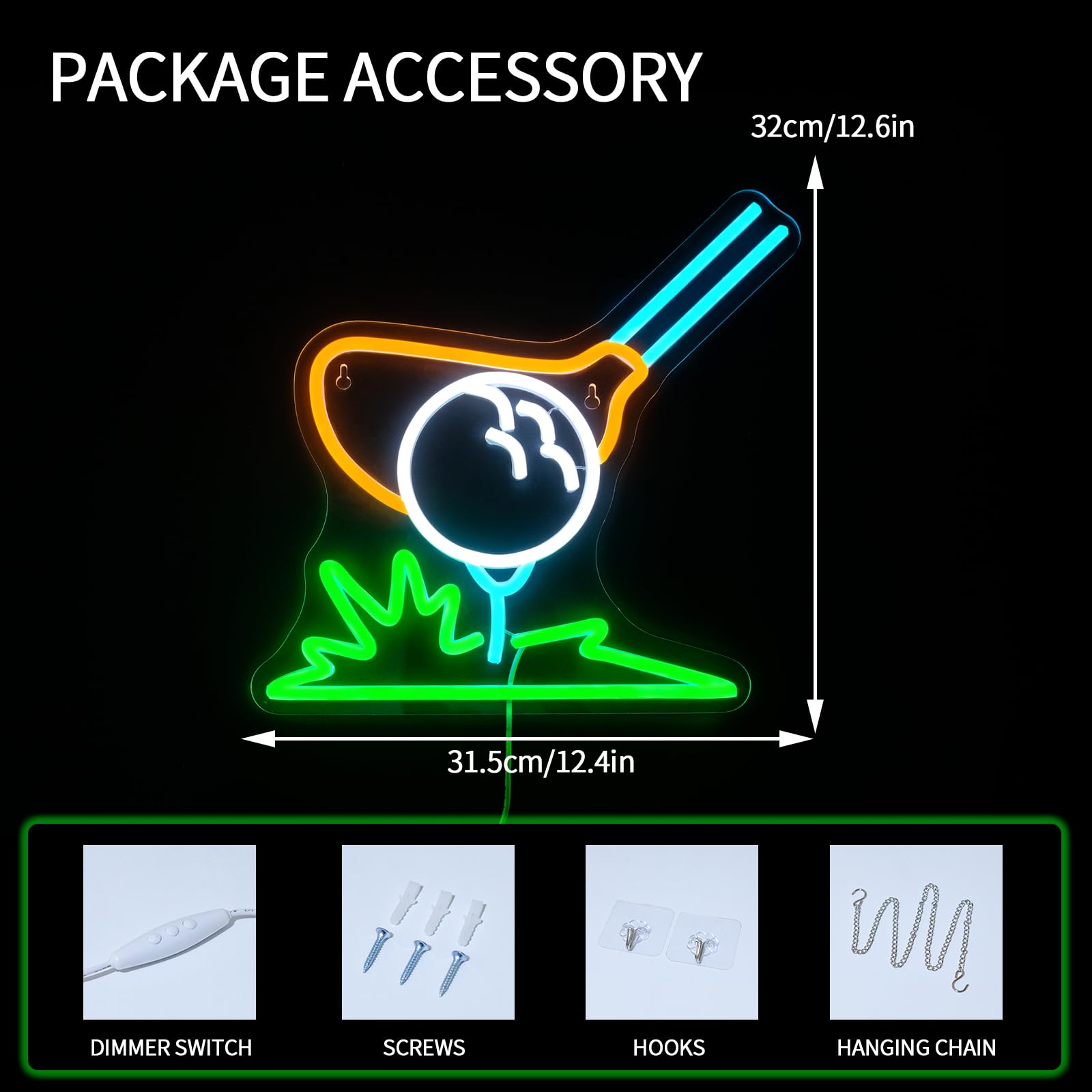 Virlusy Golf Neon Sign - Dimmable LED Wall Decor, Acrylic, Model YL-Golf, USB Powered, Green Yellow White, Ideal for Sports Room and Man Cave