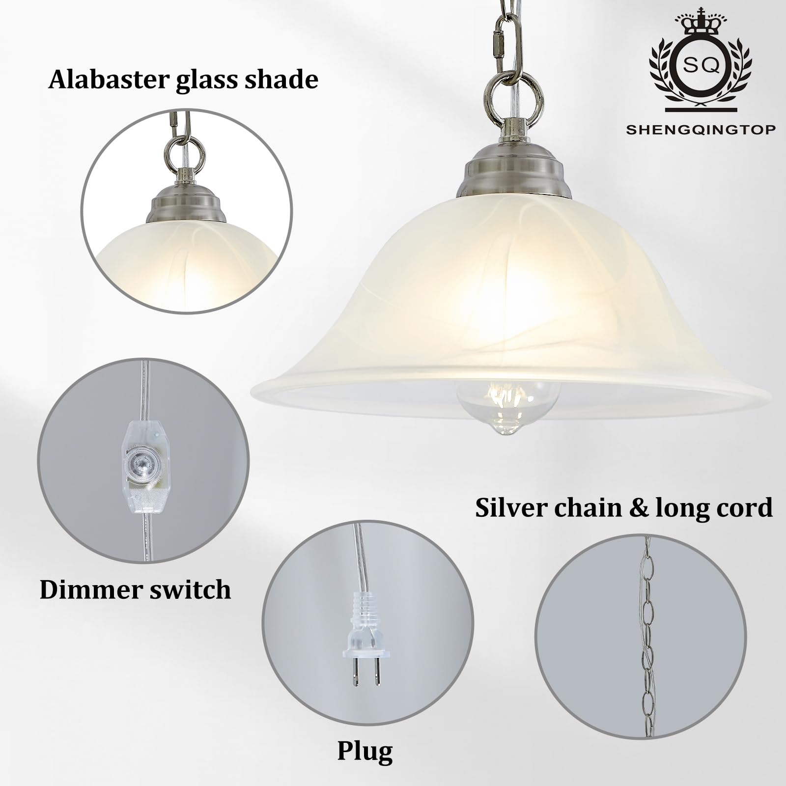Shengqingtop Alabaster Plug-In Pendant Light, Dimmable Brushed Nickel Hanging Lamp For Kitchen & Bar