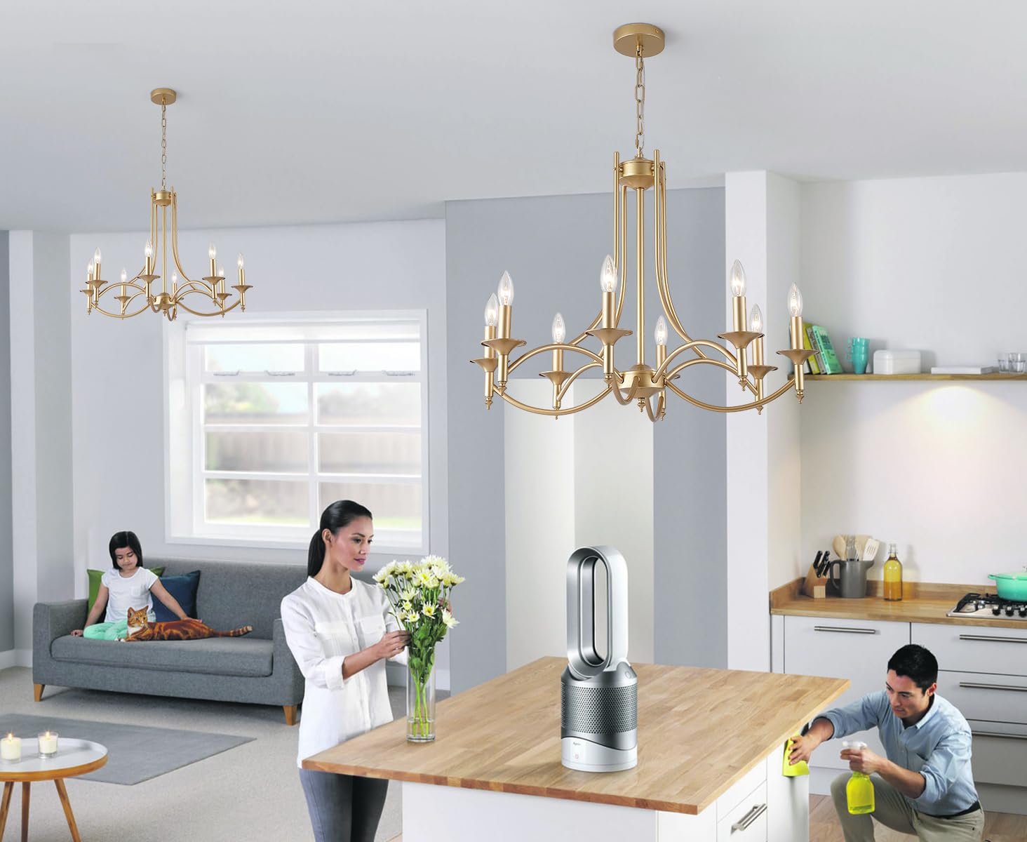 Pretoy Gold 8-Light Iron Candle Chandelier for Dining Room, Living Room, Kitchen - Model 3300-8-G