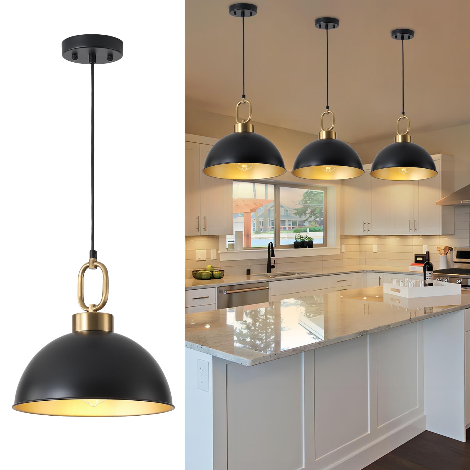 Farmhouse Pendant Light Fixture 1 Pack, Space Saving Industrial 12.2 in Hanging Light, Matte Black with Gold Handle, Adjustable 