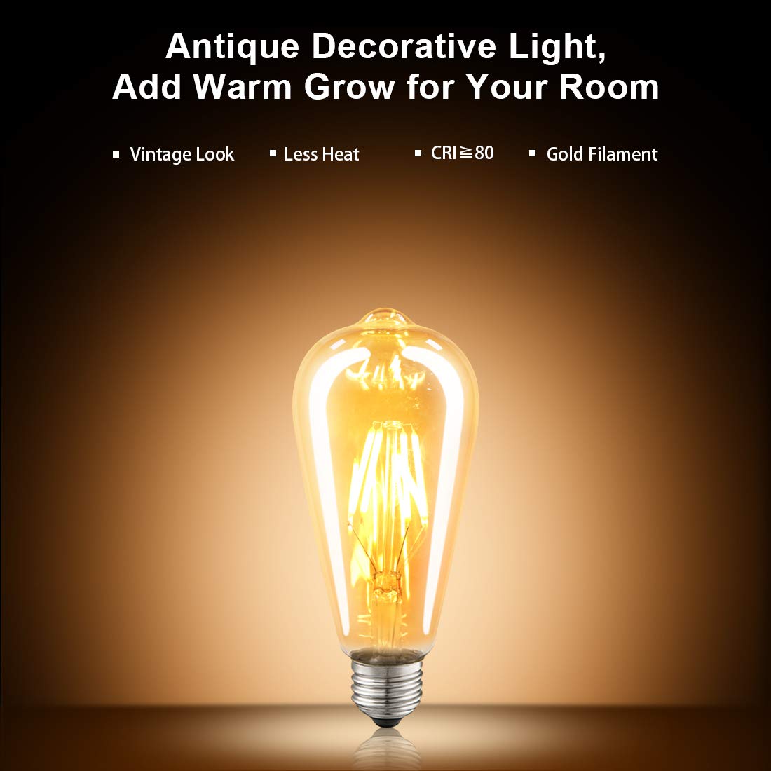 LUXON Dimmable LED Edison Bulbs, Amber Glass, 2700K Warm White, 40W Equivalent, 6-Pack