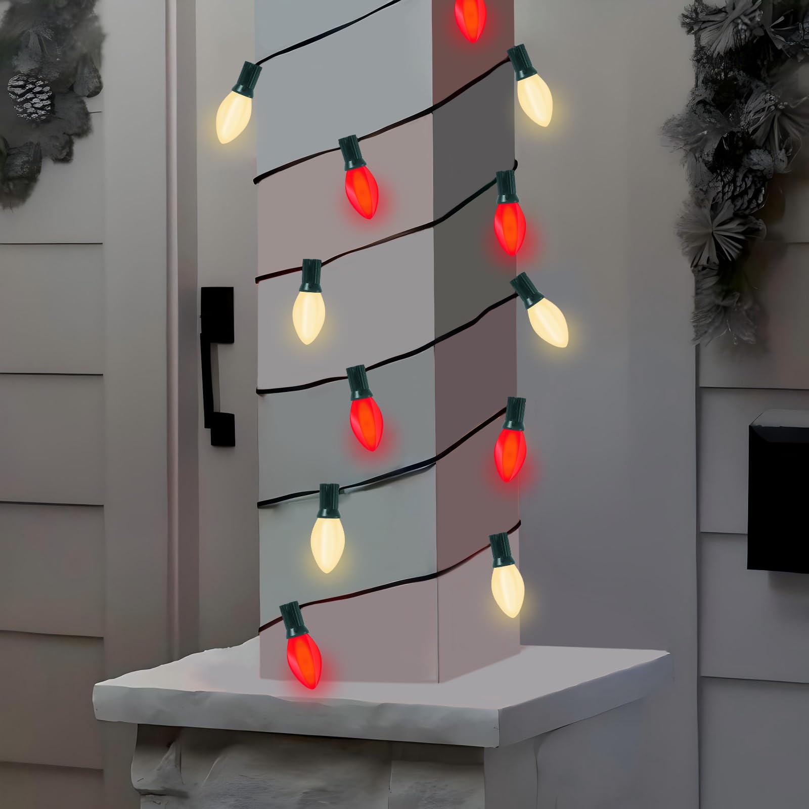 C7 Led Red And White Christmas Lights, 25Ft Outdoor Christmas String Lights With 27 Led Red And White Plastic Bulbs, Vintage Chr