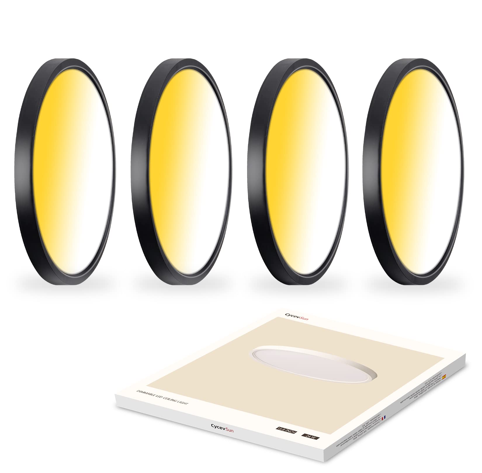 CycevSun 12in Black Flush Mount Ceiling Light, Dimmable 3000K/4000K/5000K, 20W, ETL Listed, 4-Pack