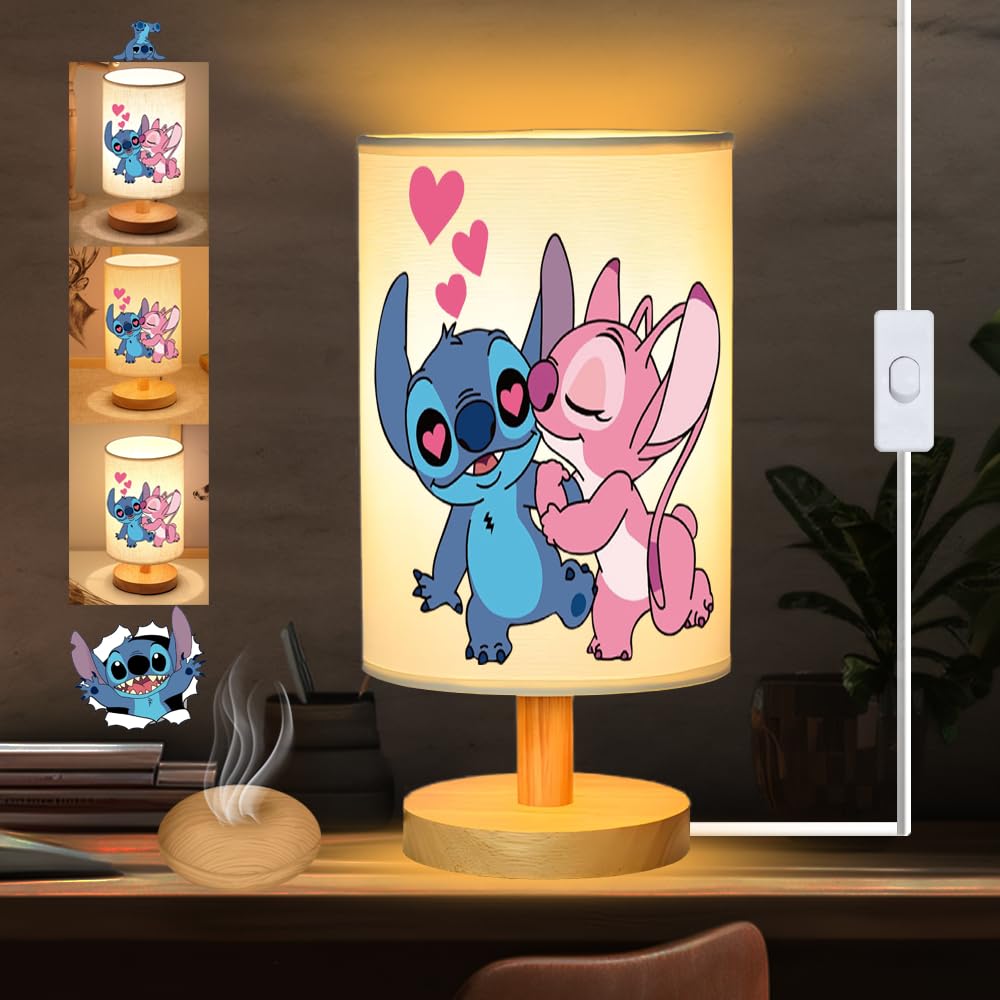 Stitch Bedside Table Lamp for Bedroom Nightstand, Stitch Gifts - 3 Colors Night Stand Light Lamp, Wood Base Round Flaxen Fabric 