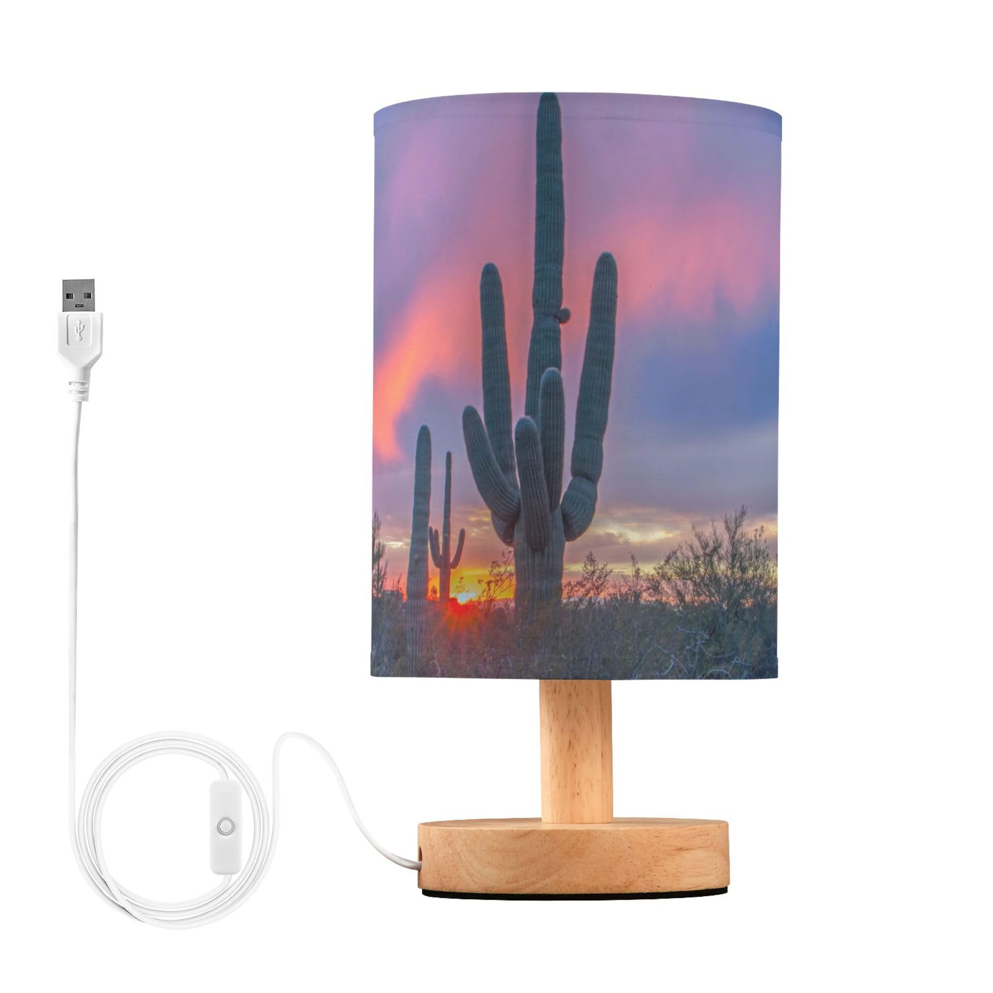YYZZH Table Lamp Saguaro Cactus in Sunset Arizona Desert Nightstand Lamp with Wood Base Fabric Lamp Shade Bedside Desk Lamp for 
