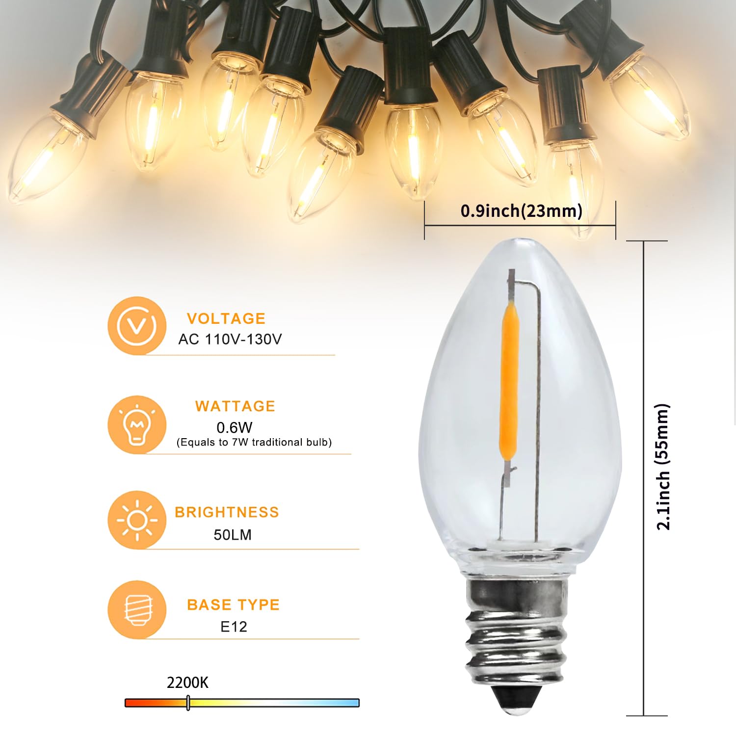 Kly Led Night Light Bulbs, C7 Shatterproof Replacement Led Bulb For String Light, E12 Base Salt Lamp Bulbs, 0.6W Equivalent To 7
