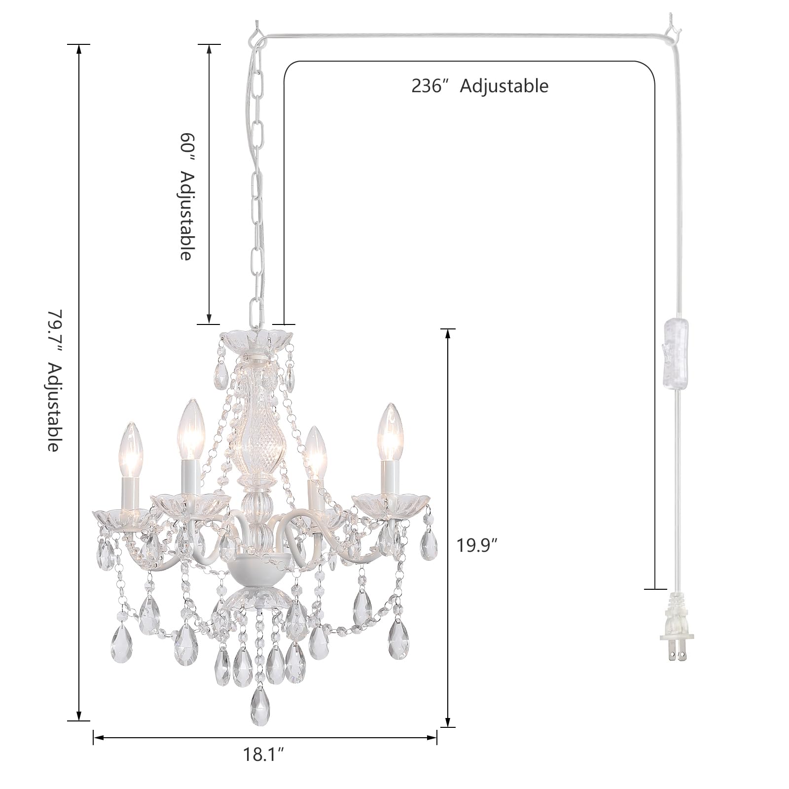 AMZASA Crystal Chandelier, 4 Light White Pendant Light, 19.9"W x 18.1"H, Clear Cord, Ideal for Kitchen, Dining, Wedding, Mini Room