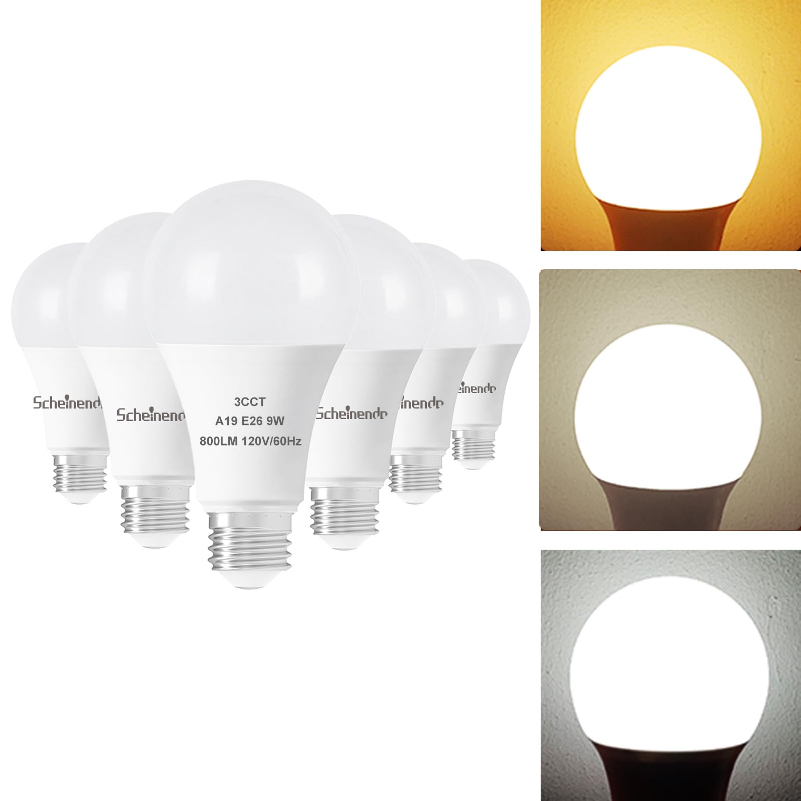 Scheinenda A19 LED Light Bulbs, 9W (60W Equivalent), 800 Lumen, 3-Color (Warm White/Daylight/Natural White), 6 Pack,