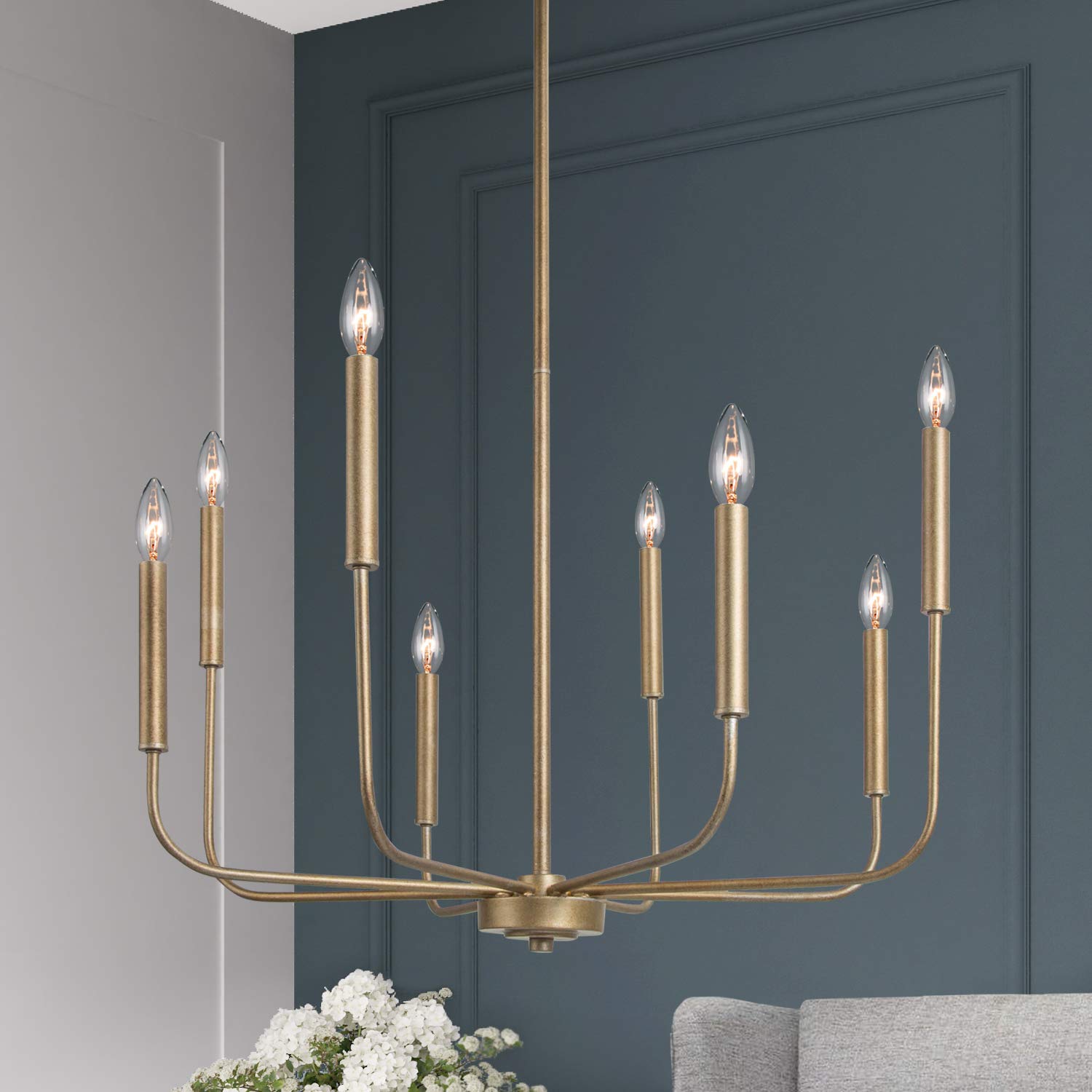 LALUZ Antique Gold Chandelier, Modern Farmhouse Light Fixture for Dining Room, Bedroom, Foyer, Living Room, Kitchen Island, Entr