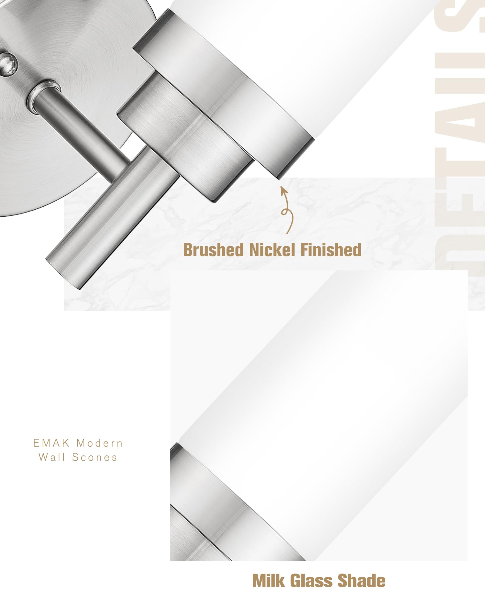 Emak Modern Brushed Nickel Sconces, Bathroom Vanity Light With Milk Glass Shade, Wall Sconce For Bathroom, Bedroom, Living Room,
