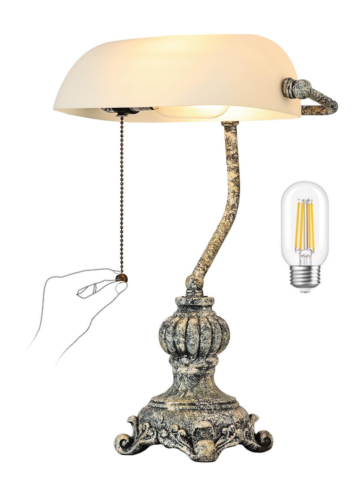 Newrays Retro White Matted Glass Bankers Desk Lamp For Home Office,Library With Pull Chain Switch Plug In Fixture, Led Bulb Incl