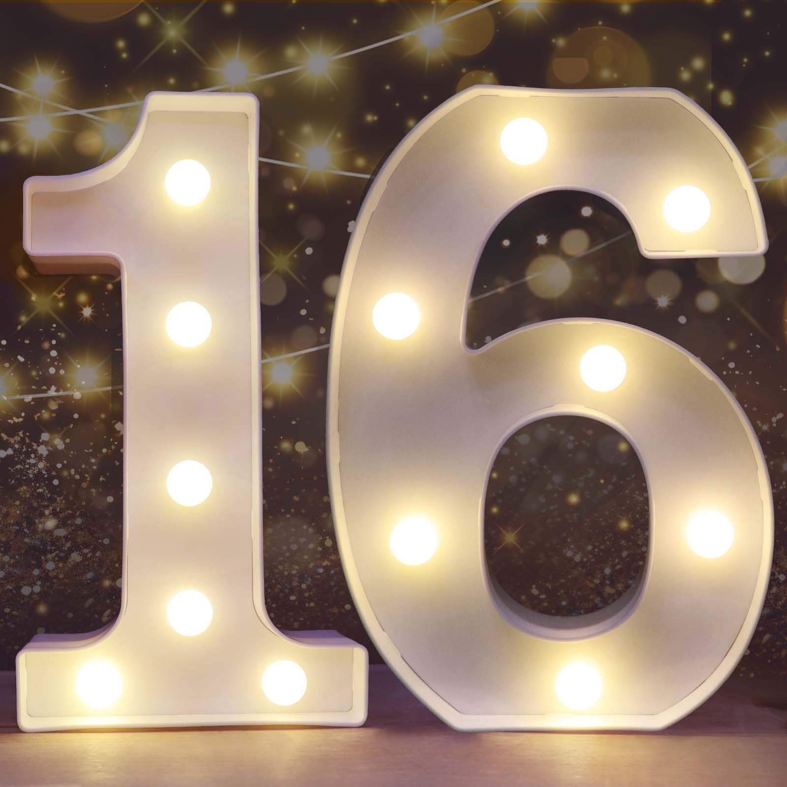 Pooqla Decorative Led Light Up Number Letters, White Plastic Marquee Number Lights Sign for 16th Birthday Party Wedding Decor Battery Operated Number (16)