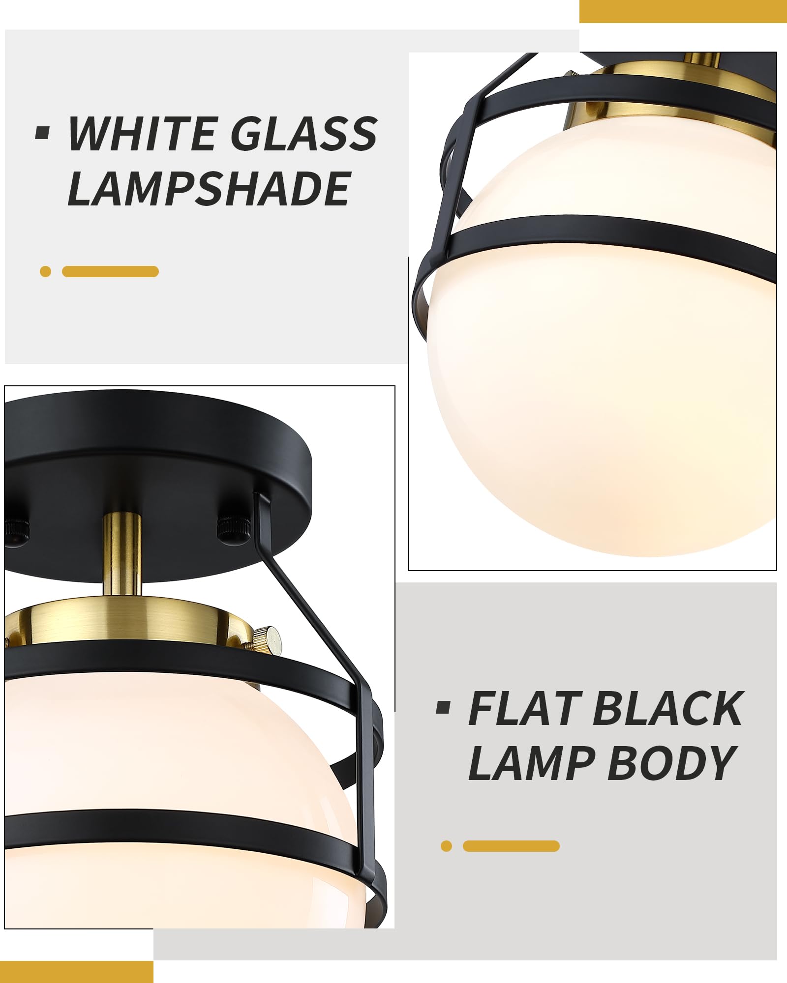 Pasentel Globe Light Fixture, Black And Gold Semi Flush Mount Ceiling Light, 6.54 Inch Mid Century Modern Lamp, Small Hallway Li