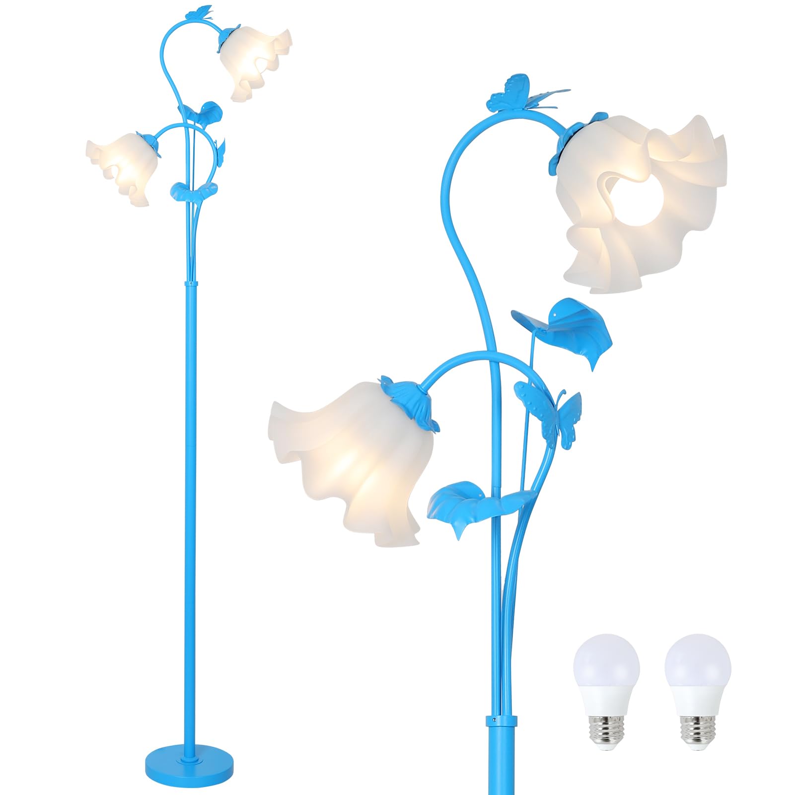HMVPL Blue Floor Lamp for Living Room, Flower Standing Lamp with 2 LED 5W Blubs, Foot Switch, Floral Tall Lamp with Acrylic Shad