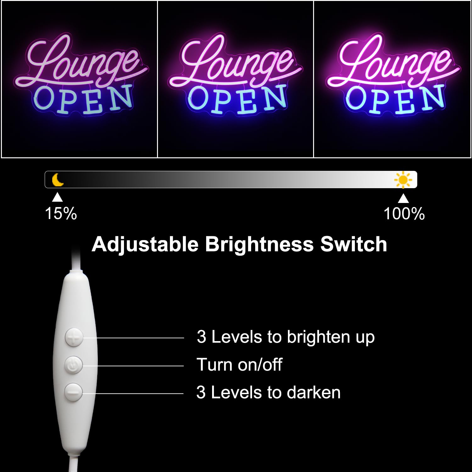 Kullneon Neon Sign - Lounge Open LED Light, Dimmable, Acrylic, 16.7inx10.4in, Pink Blue, Model YL-Lounge for Bar, Night Club,