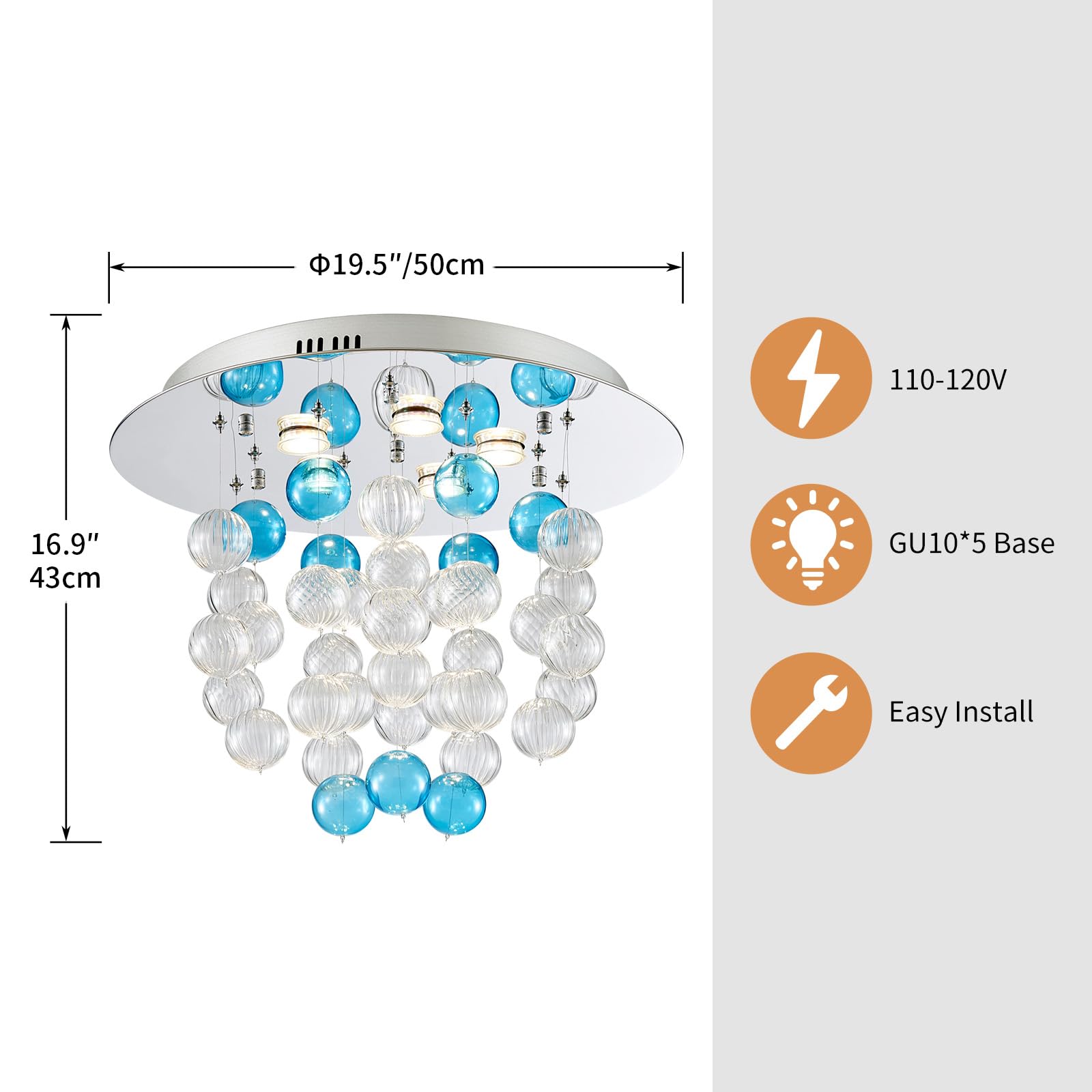 SM Saint Mossi Bubble Chandelier - Modern Blue Ceiling Light, D19 x H17, Glass & Chrome, 5 GU10 Sockets, Clear & Blue Lampshade